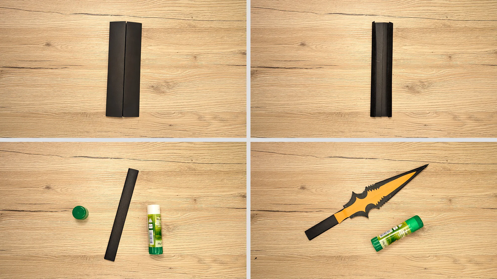 Scorpions Kunai aus Papier basteln Schritt 6: Schmaler Streifen mehrmals gefaltet, zusammengeklebt und in die Klinge als Griff gesteckt