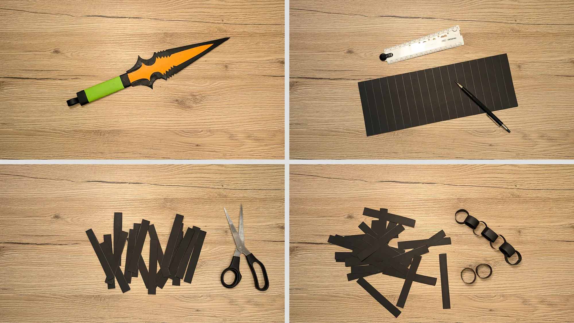 Scorpions Kunai aus Papier basteln Schritt 8: Papierstreifen zu Ringen geklebt und zu einer Kette verbunden, am Griff befestigt