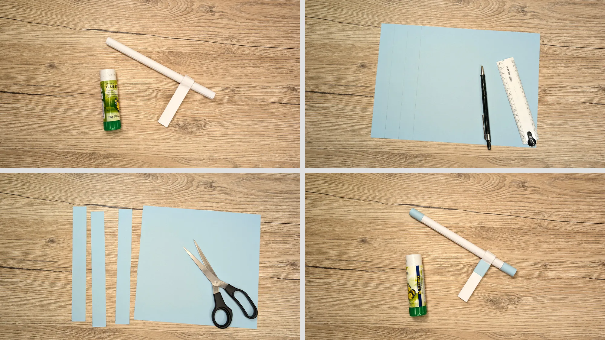 papier-schleuder-basteln-schritt-5.jpg Papier-Schleuder basteln Schritt 5: Gefalteter Streifen um dickste Röhre gewickelt als Griff, bunte Papierstreifen um Griff und Röhre gewickelt