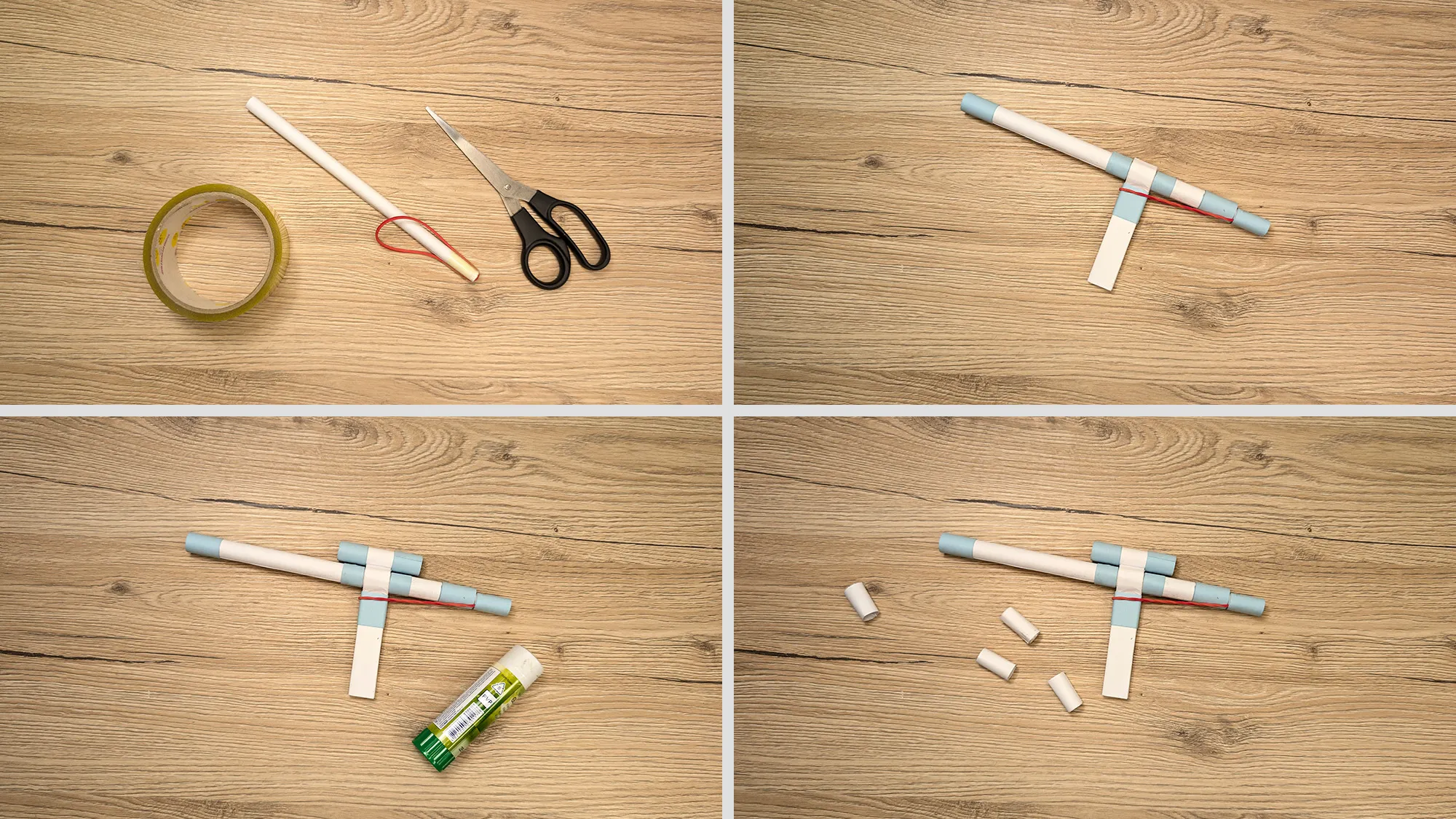 papier-schleuder-basteln-schritt-6.jpg Papier-Schleuder basteln Schritt 6: Gummiband an mittlerer Röhre befestigt, fertige Papier-Schleuder mit Munition