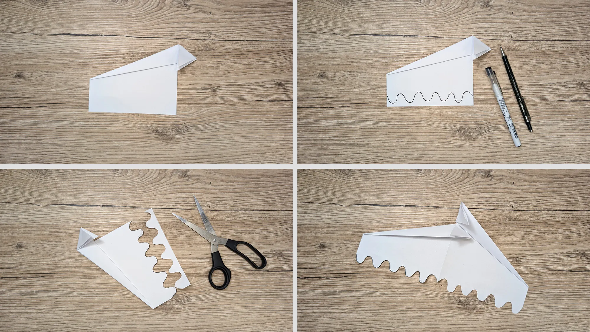 Wave Glider Papierflieger basteln Schritt 5: Überstehende Kanten als Dreieck nach innen gefaltet, welliges Muster ausgeschnitten
