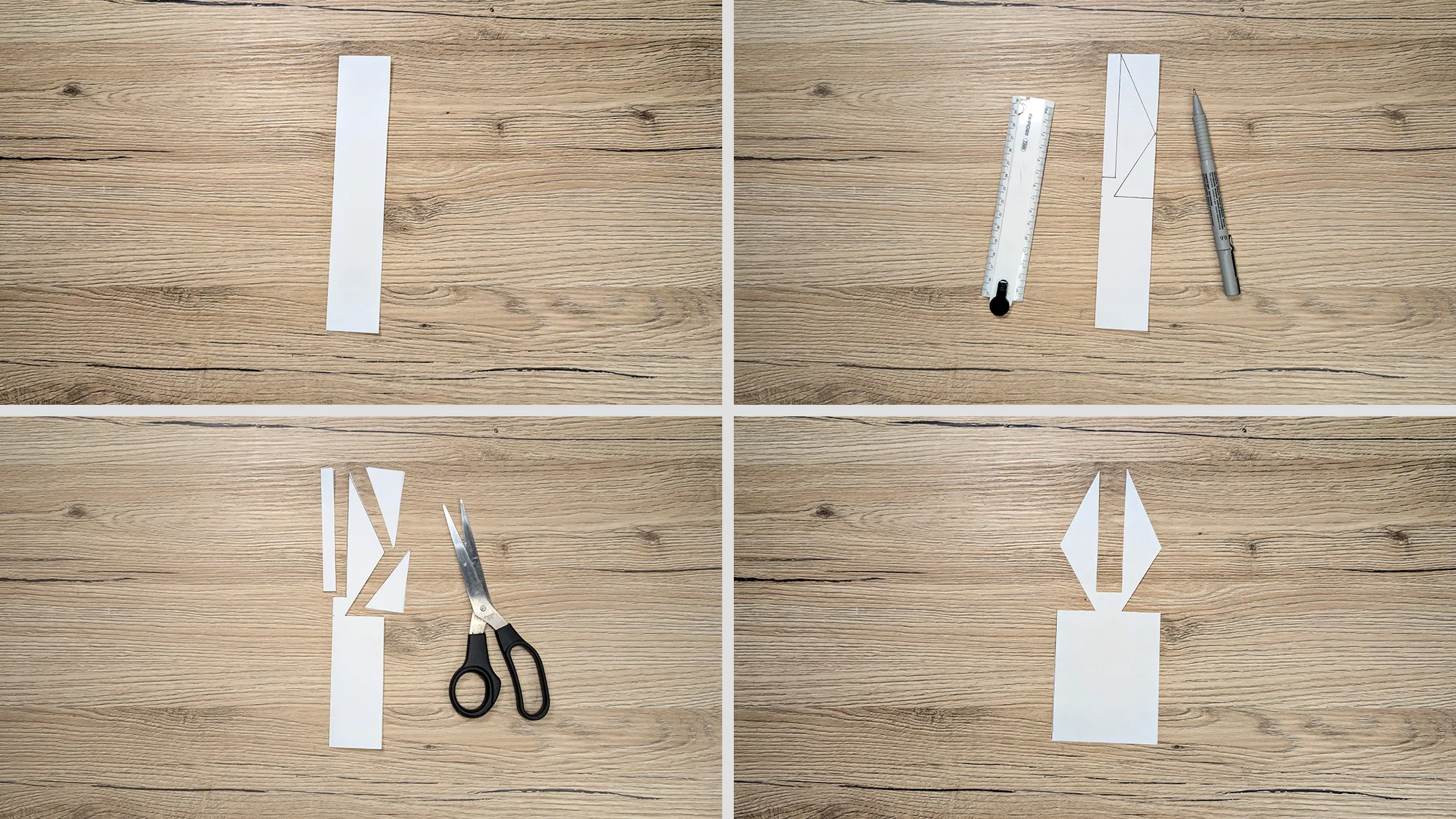 Papier-Helicopter Bumerang basteln Schritt 3: Rechteck längs in der Mitte gefaltet, Helicopter-Form aufgezeichnet und ausgeschnitten