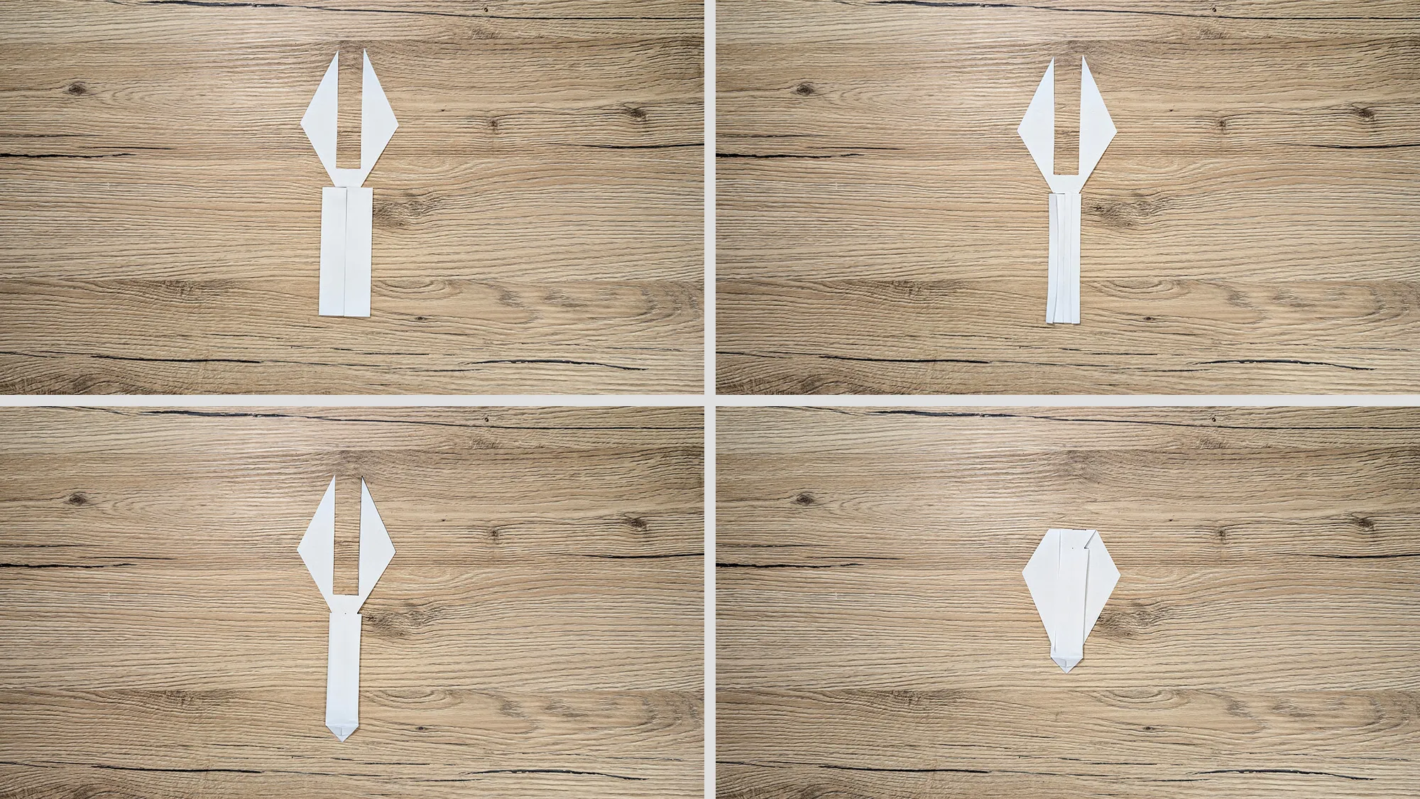 Papier-Helicopter Bumerang basteln Schritt 4: Unterer Streifen mehrmals nach innen gefaltet, Ecken zur Mitte geknickt, obere Flügel in entgegengesetzte Richtungen gebogen