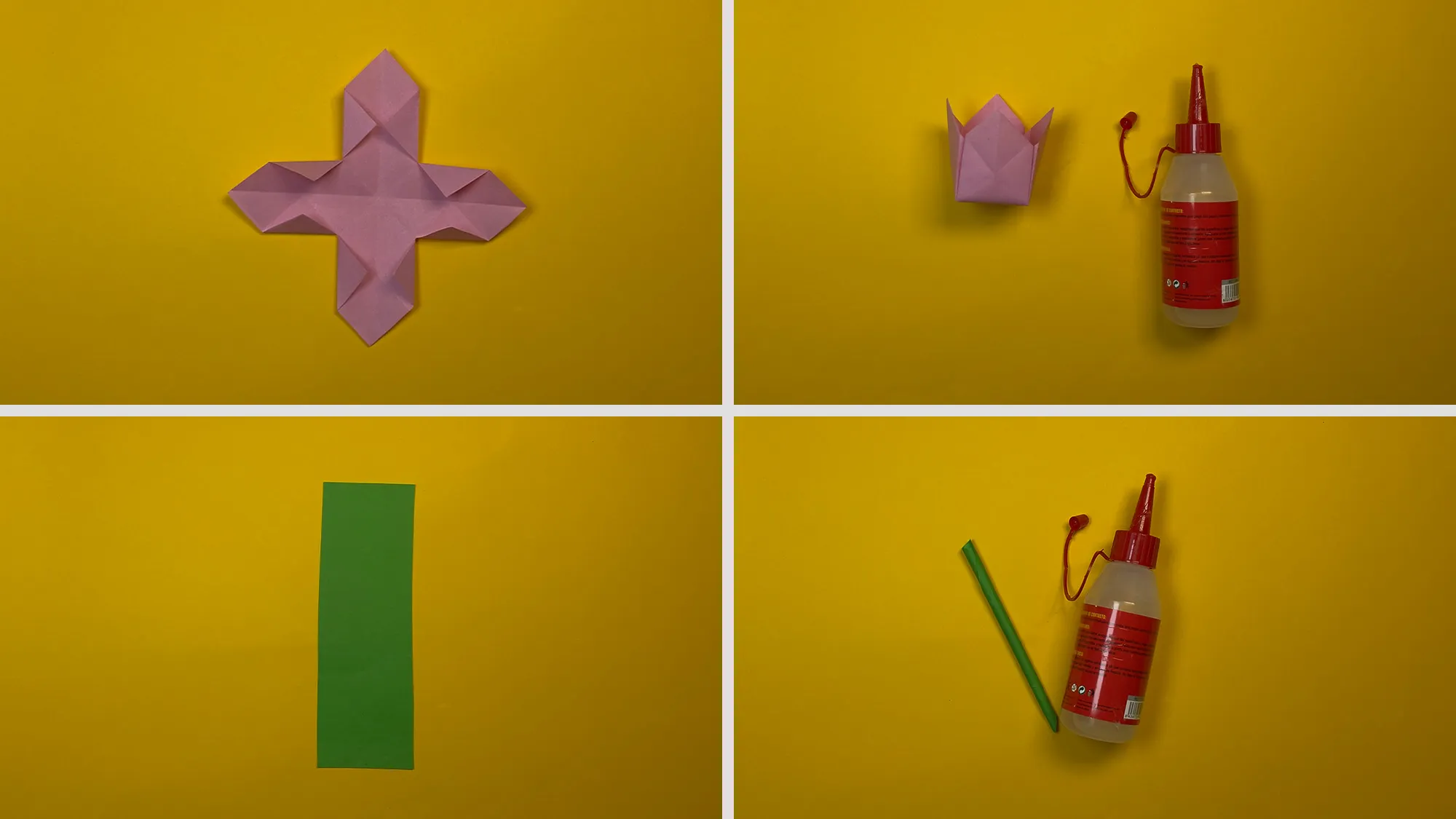 origami-tulpen-basteln-schritt-3.jpg Origami-Tulpen basteln Schritt 3: Blütenblätter geformt, zusammengeklebt und grüner Stiel gerollt