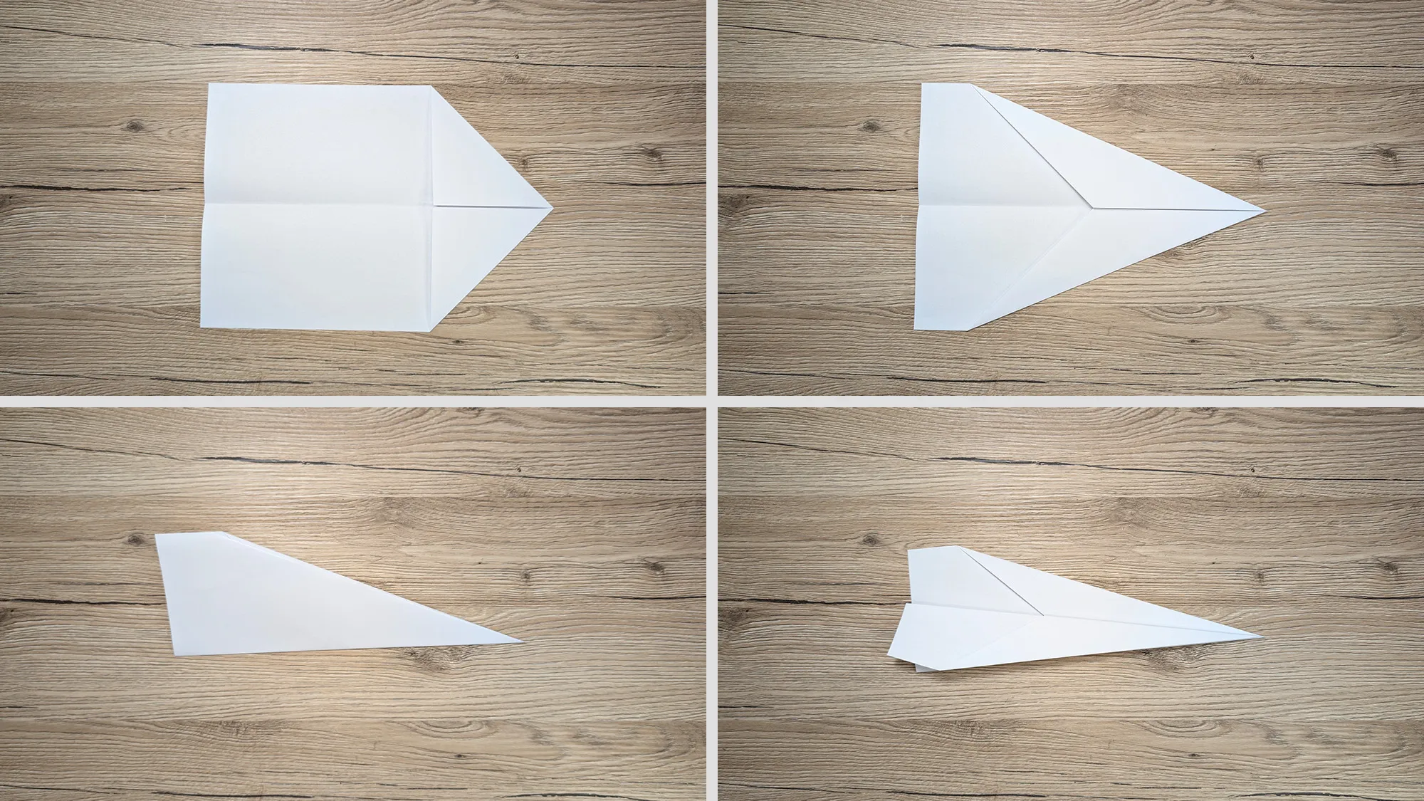 Weitfliegender Papierflieger basteln Schritt 2: Obere Ecken zur Mitte gefaltet, Papier zusammengeklappt und Flügel nach außen gefaltet