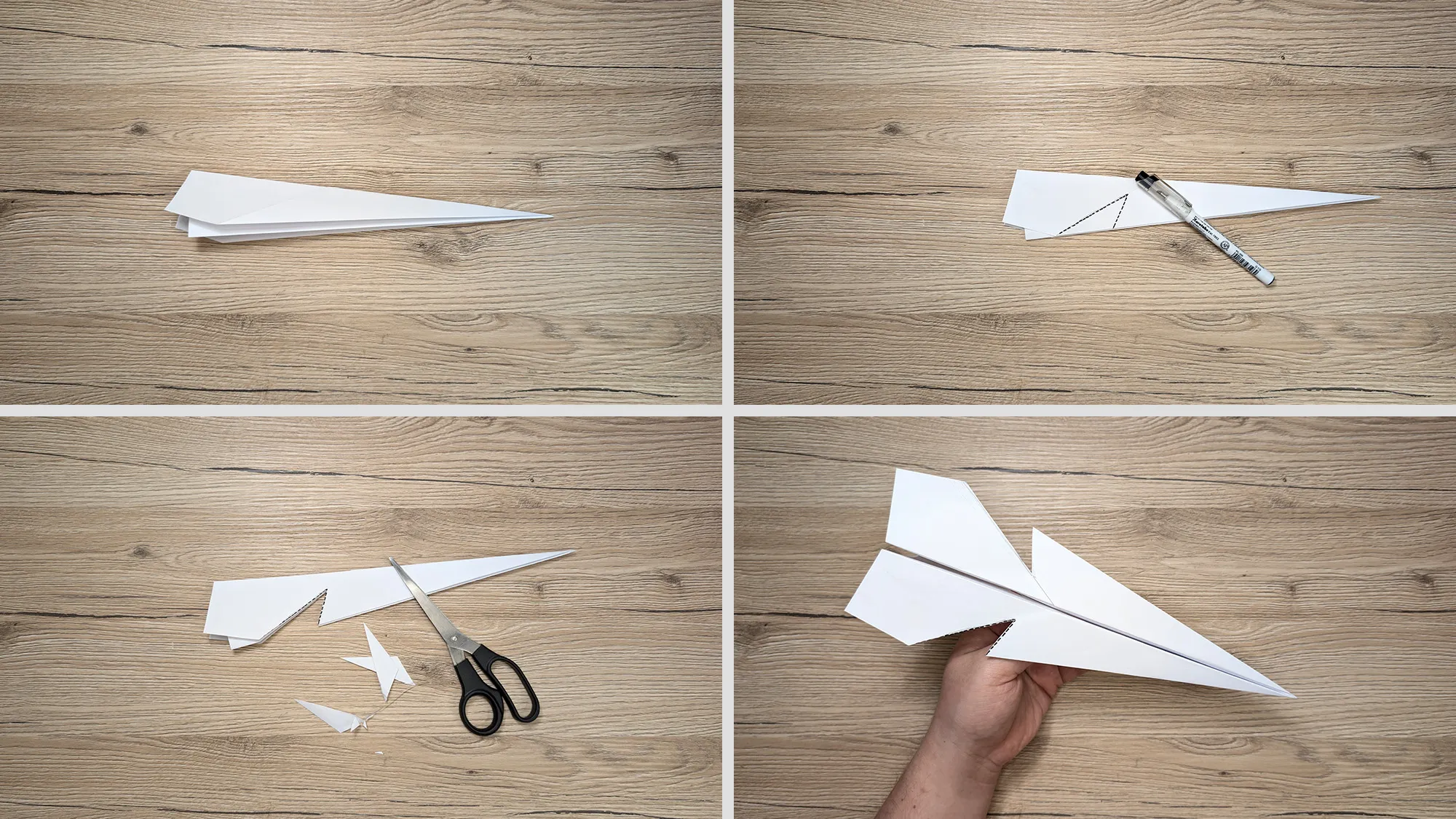 Weitfliegender Papierflieger basteln Schritt 3: Kleine Einschnitte am hinteren Teil des Papierfliegers angebracht