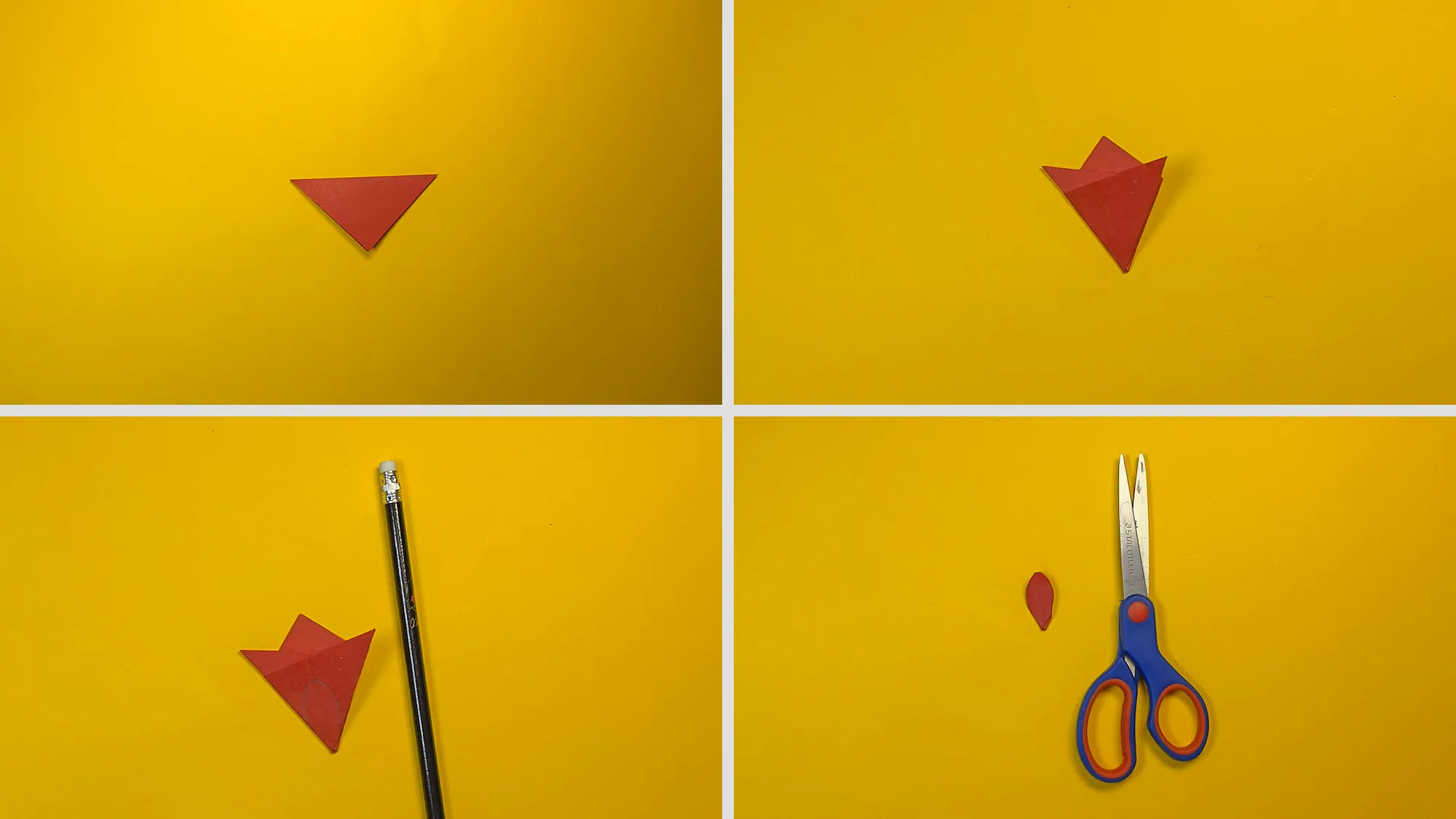 Niedliche Papierblumen basteln Schritt 2: Papierquadrat diagonal gefaltet, untere Ecken nach oben geklappt und Blütenform ausgeschnitten