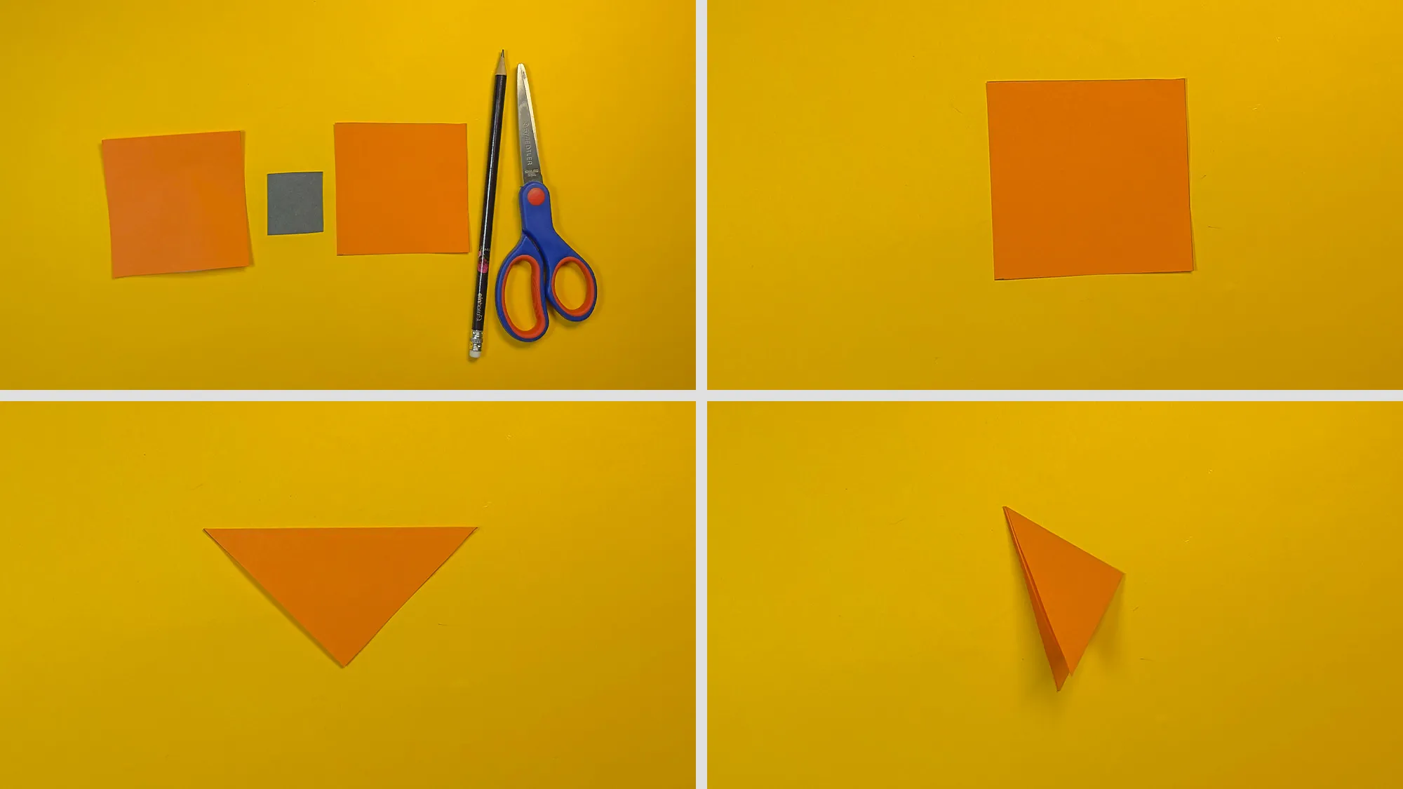 Schöne Papierblume basteln Schritt 1: Quadratisches Papier zu einem Dreieck gefaltet