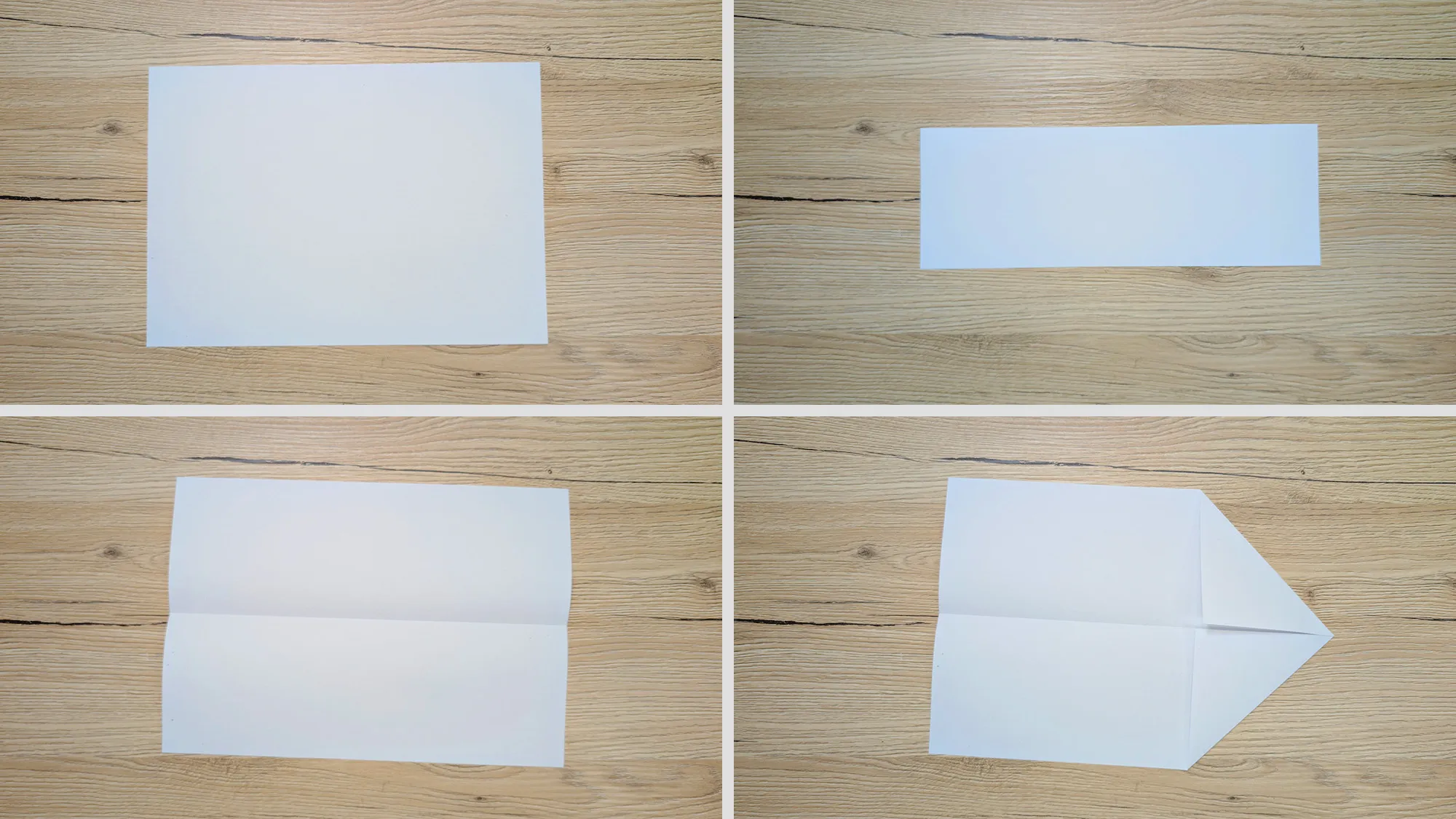 Superschneller Papierflieger Schritt 1: Papier waagerecht gefaltet und obere Ecken zur Mittellinie geklappt