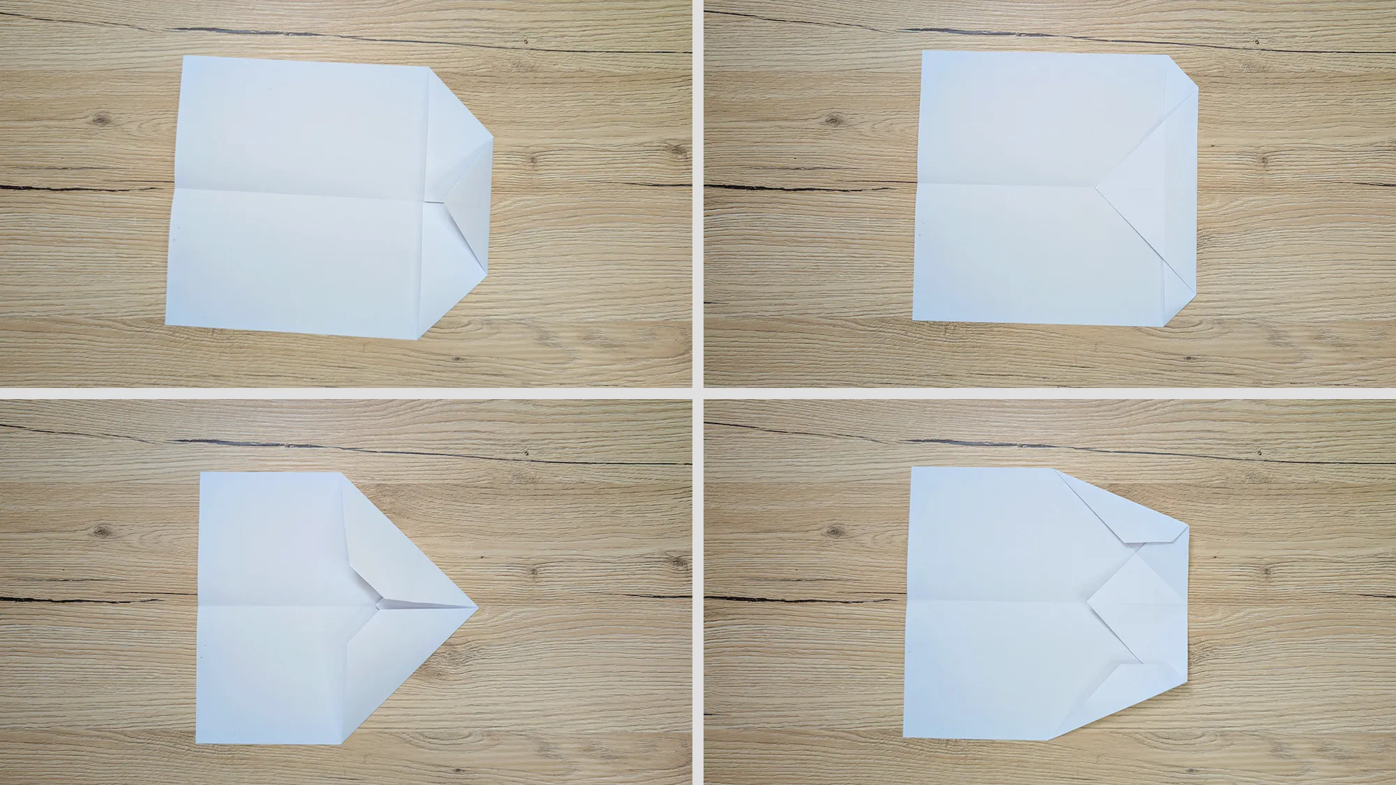 Superschneller Papierflieger Schritt 2: Spitze nach unten gefaltet, obere Ecken zur Mitte geklappt und schmale Kanten nach innen gefaltet