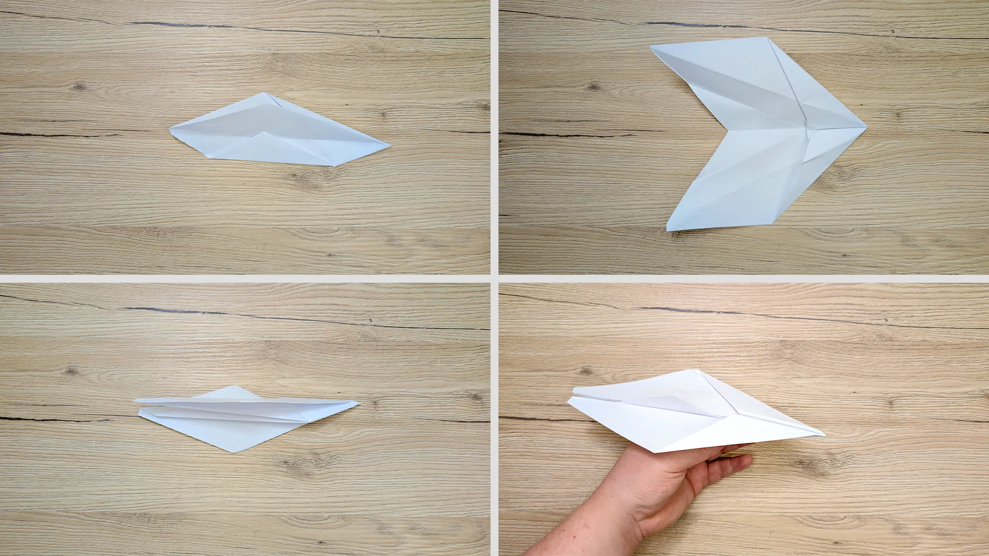 Superschneller Papierflieger Schritt 5: Dreiecksteil unten mehrmals gefaltet, nach oben geklappt und mit Kleber fixiert – fertiger Papierflieger