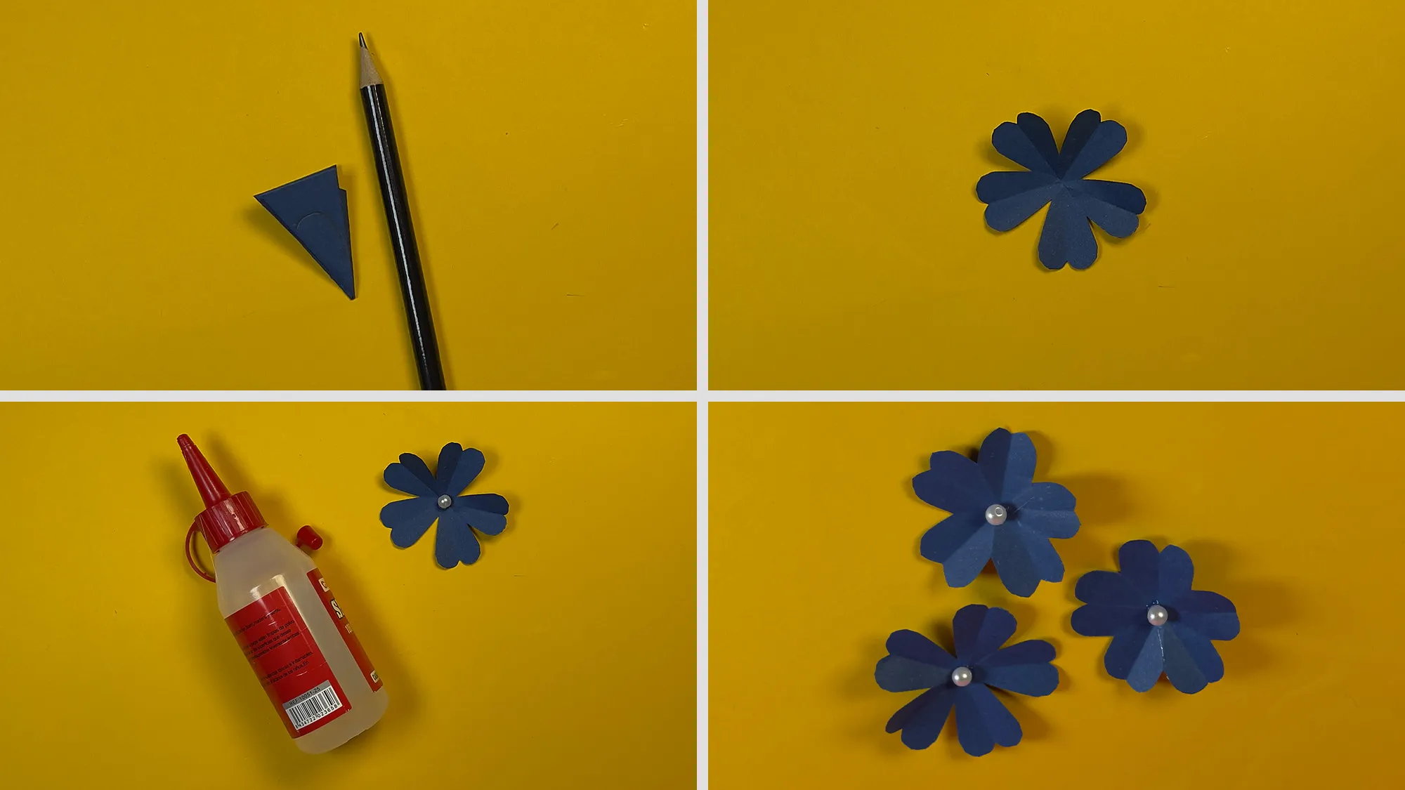 Papierblume für Deko basteln Schritt 2: Bogen auf gefaltetes Dreieck gezeichnet und ausgeschnitten, Papier entfaltet und Perle in die Mitte geklebt – fertige Papierblume