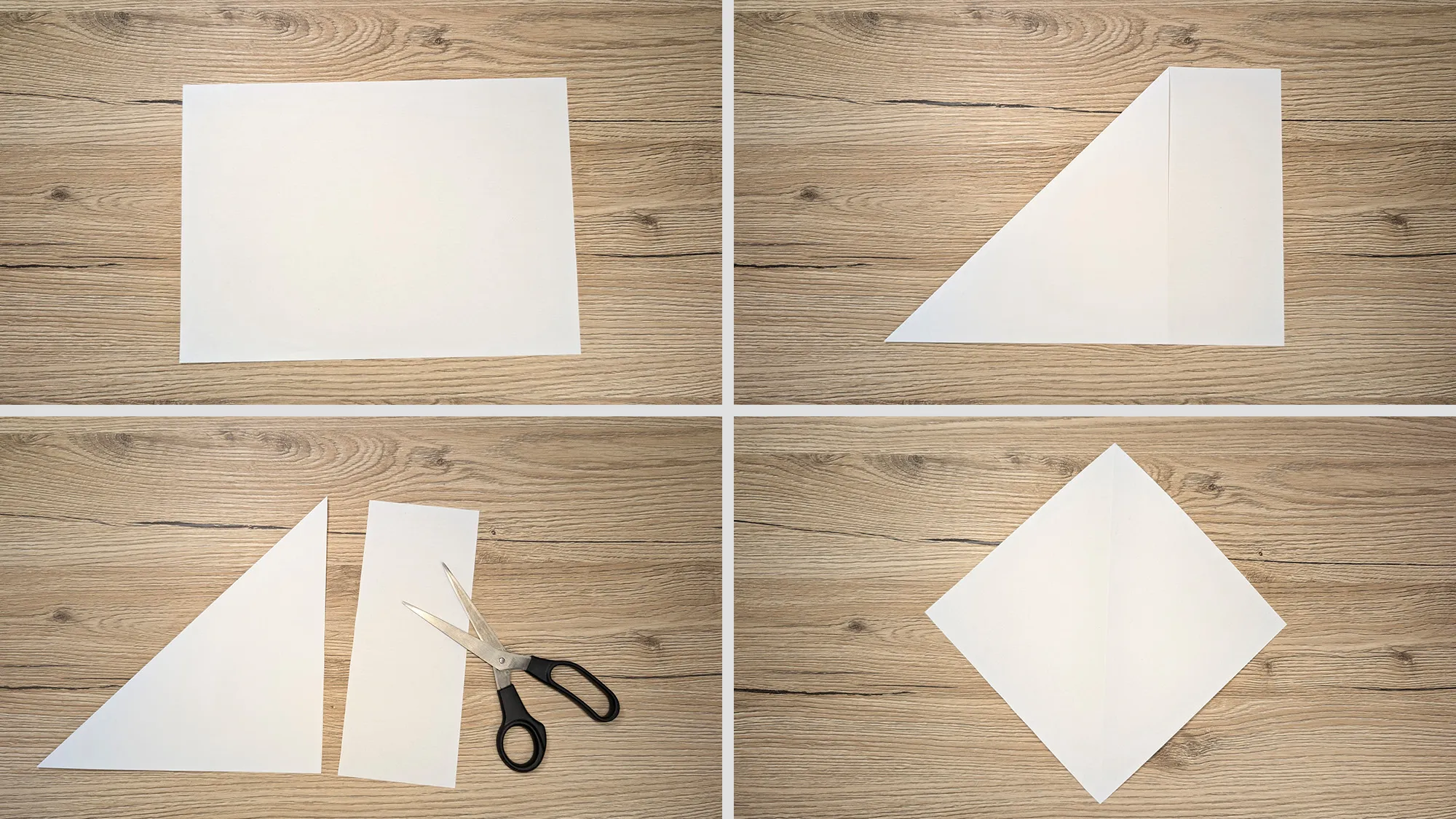 Turbo-Papierflieger basteln Schritt 1: A4-Blatt mit diagonal gefalteter Ecke und abgeschnittenem Streifen – Quadrat entstanden