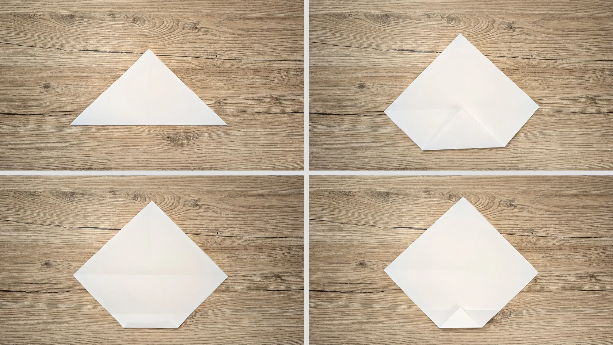 Turbo-Papierflieger basteln Schritt 2: Quadrat diagonal gefaltet und Ecke mehrmals zur Mitte gefaltet – schmaler Streifen entstanden