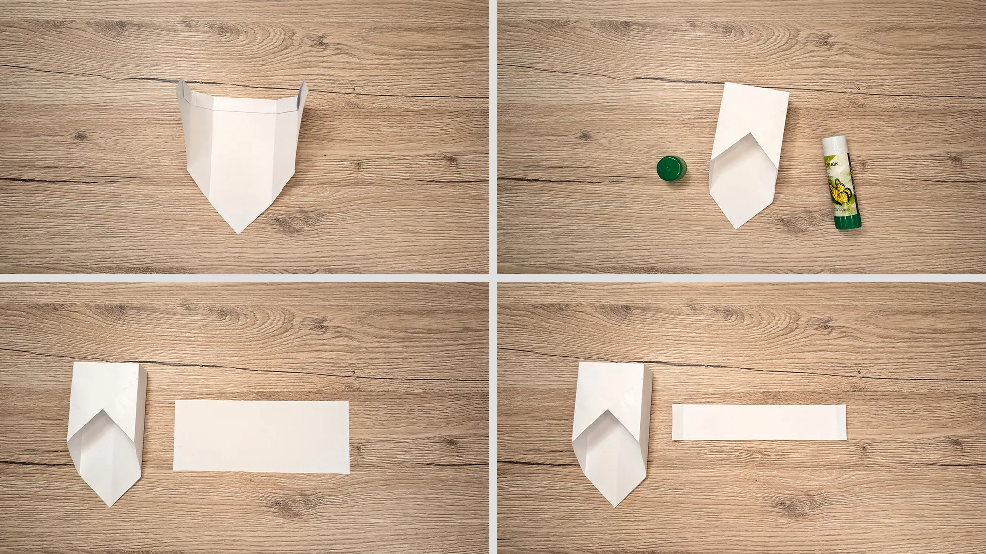 Turbo-Papierflieger basteln Schritt 4: Beide Enden entlang der Faltlinien geknickt und zusammengeklebt – kastenförmiger Flugzeugkörper entstanden