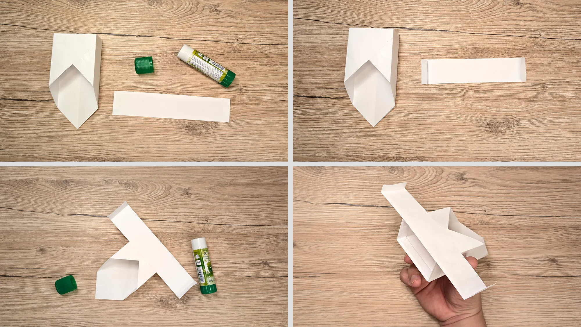 Turbo-Papierflieger basteln Schritt 5: Abgeschnittener Streifen längs gefaltet, an den Rändern gebogen und als Flügel an den Korpus geklebt – fertiger Turboflieger