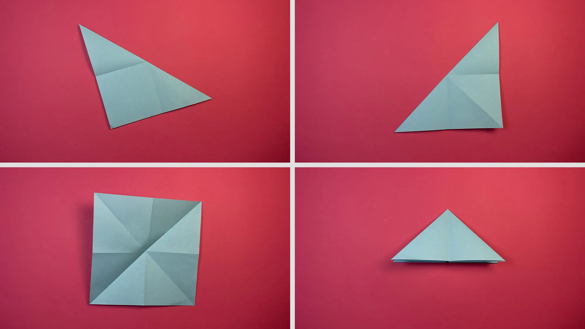 Origami Lilie falten Schritt 2: Papier diagonal gefaltet und Seitenmitte zum Zentrum geklappt