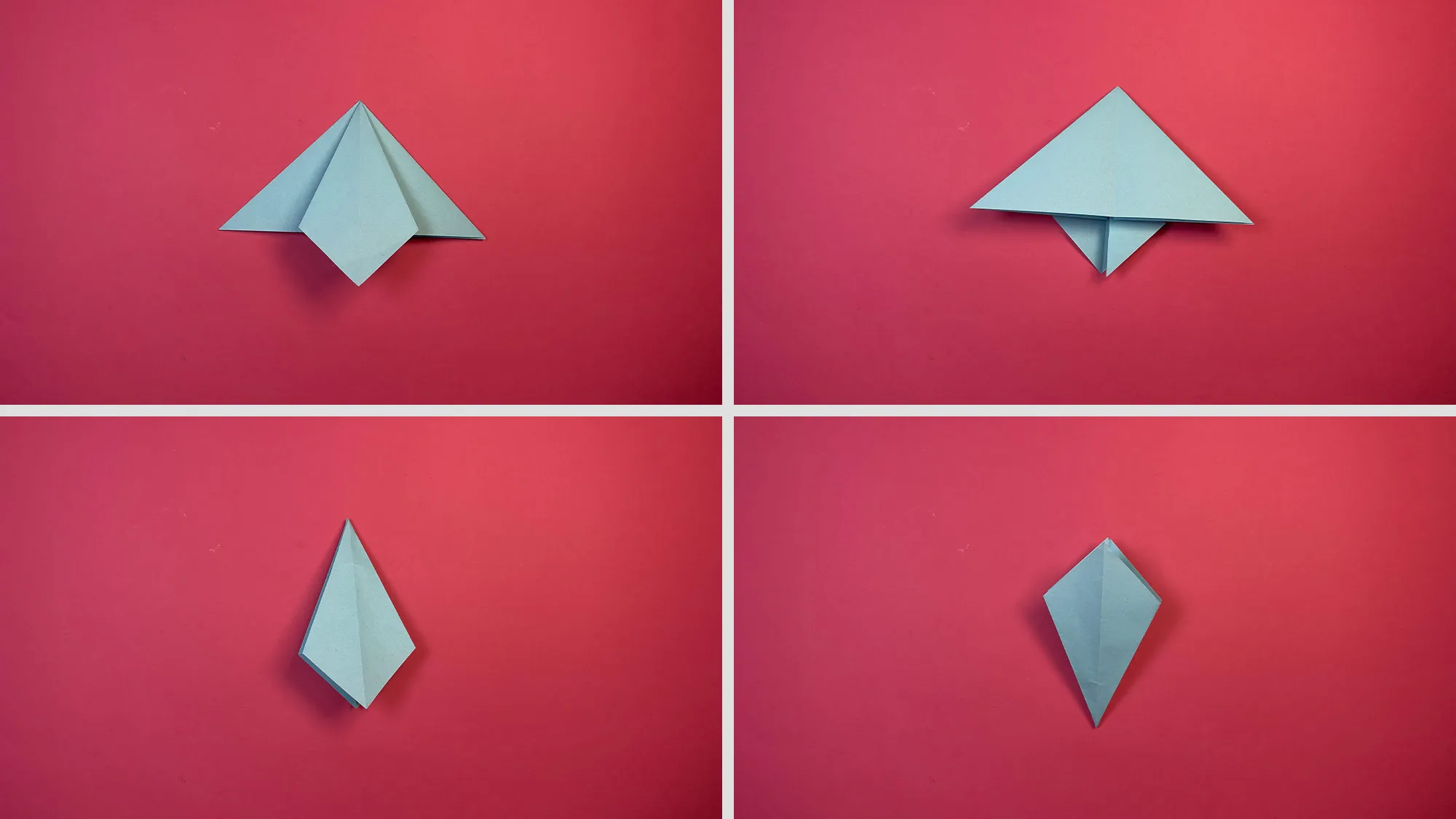 Origami Lilie falten Schritt 3: Blütenformen flachgedrückt und diagonale Faltlinien geglättet