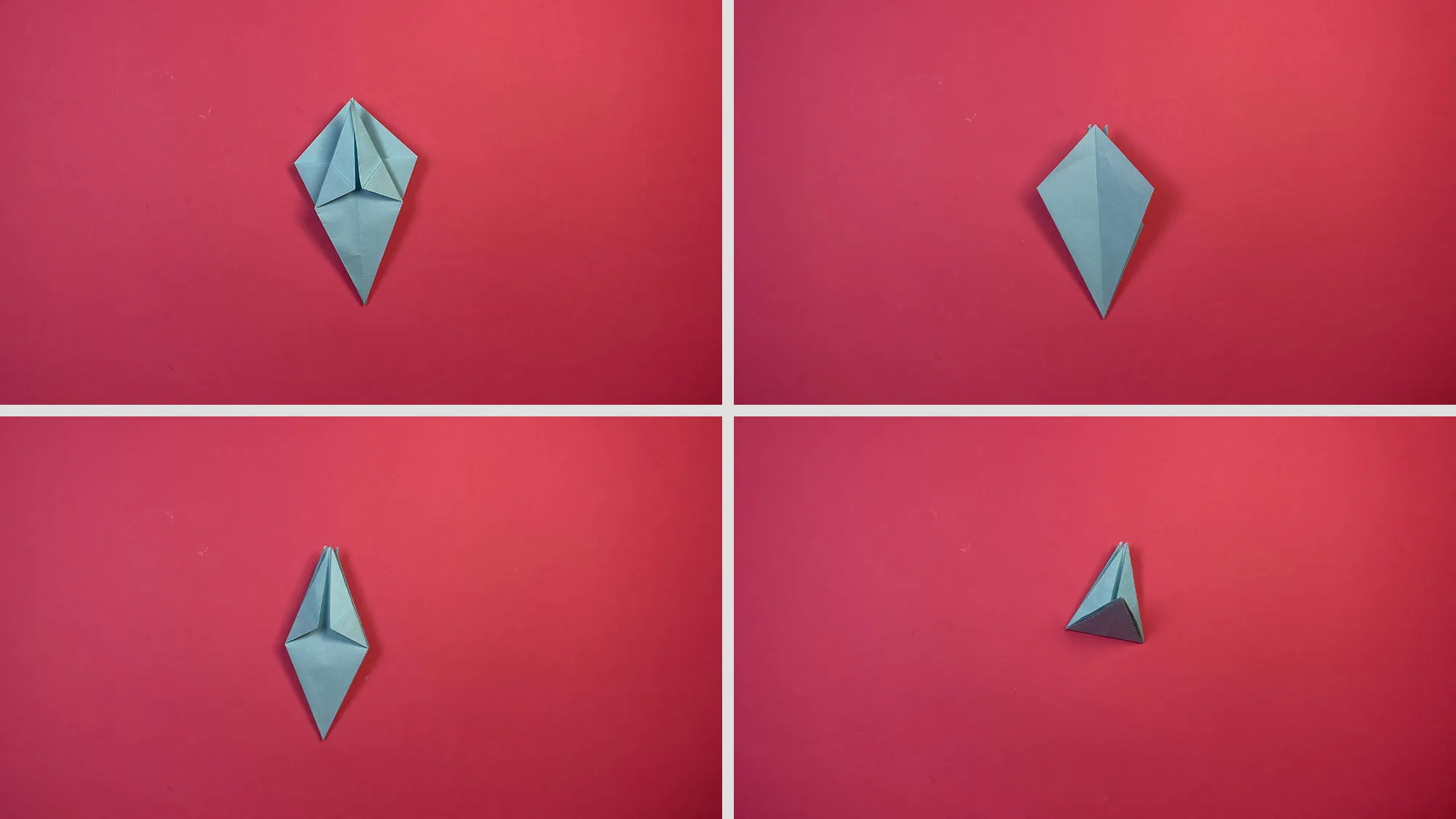 Origami Lilie falten Schritt 4: Obere Ecken zur Mitte gefaltet – Rautenform entstanden, untere Ecke nach oben geklappt