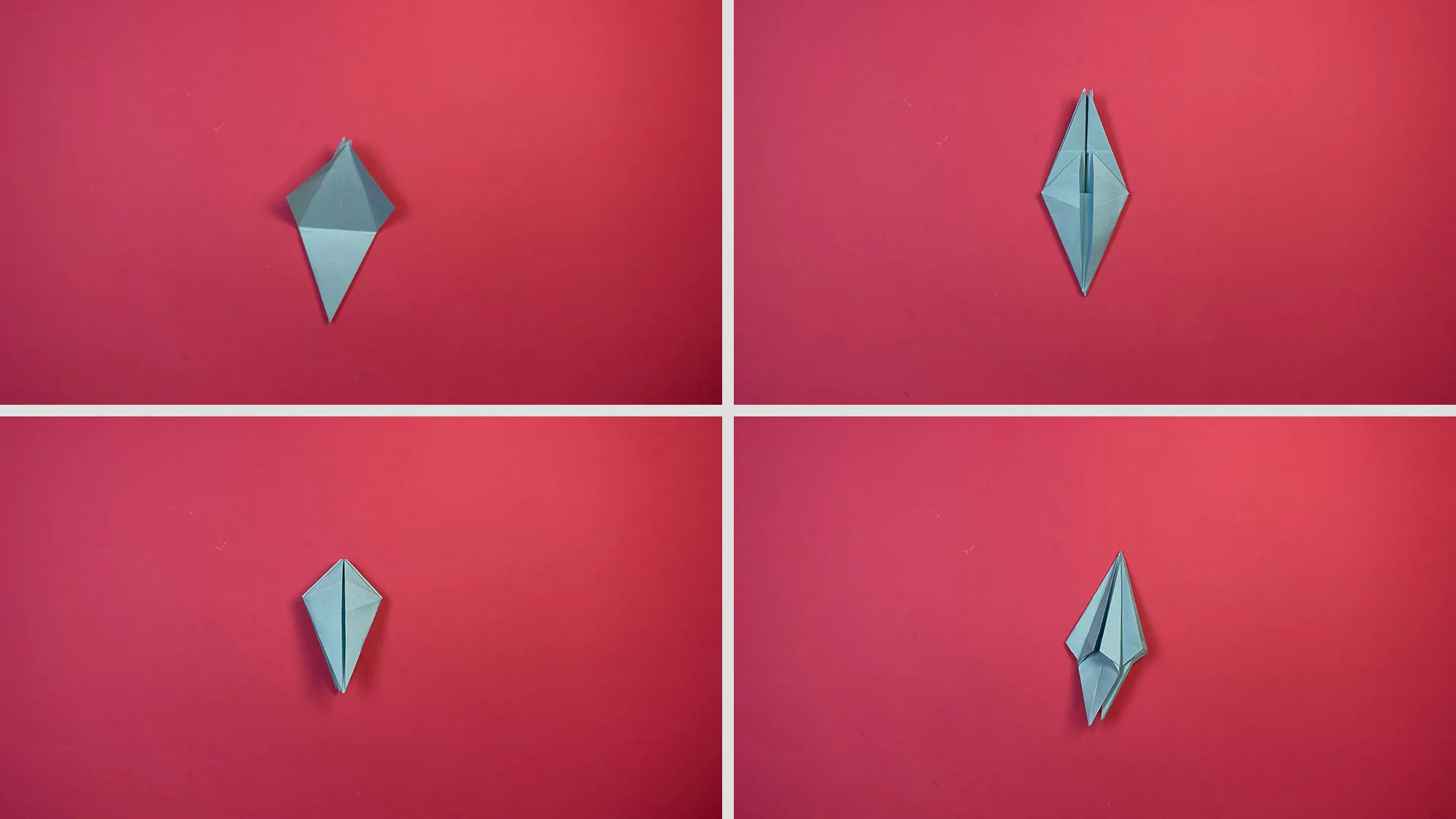 Origami Lilie falten Schritt 5: Blütenformen geöffnet, Ecken zur Mitte gefaltet und Blütenblätter nach außen gebogen