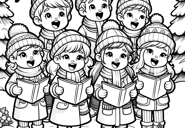 Дети поют на фоне снега: рождественская картинка для раскрашивания