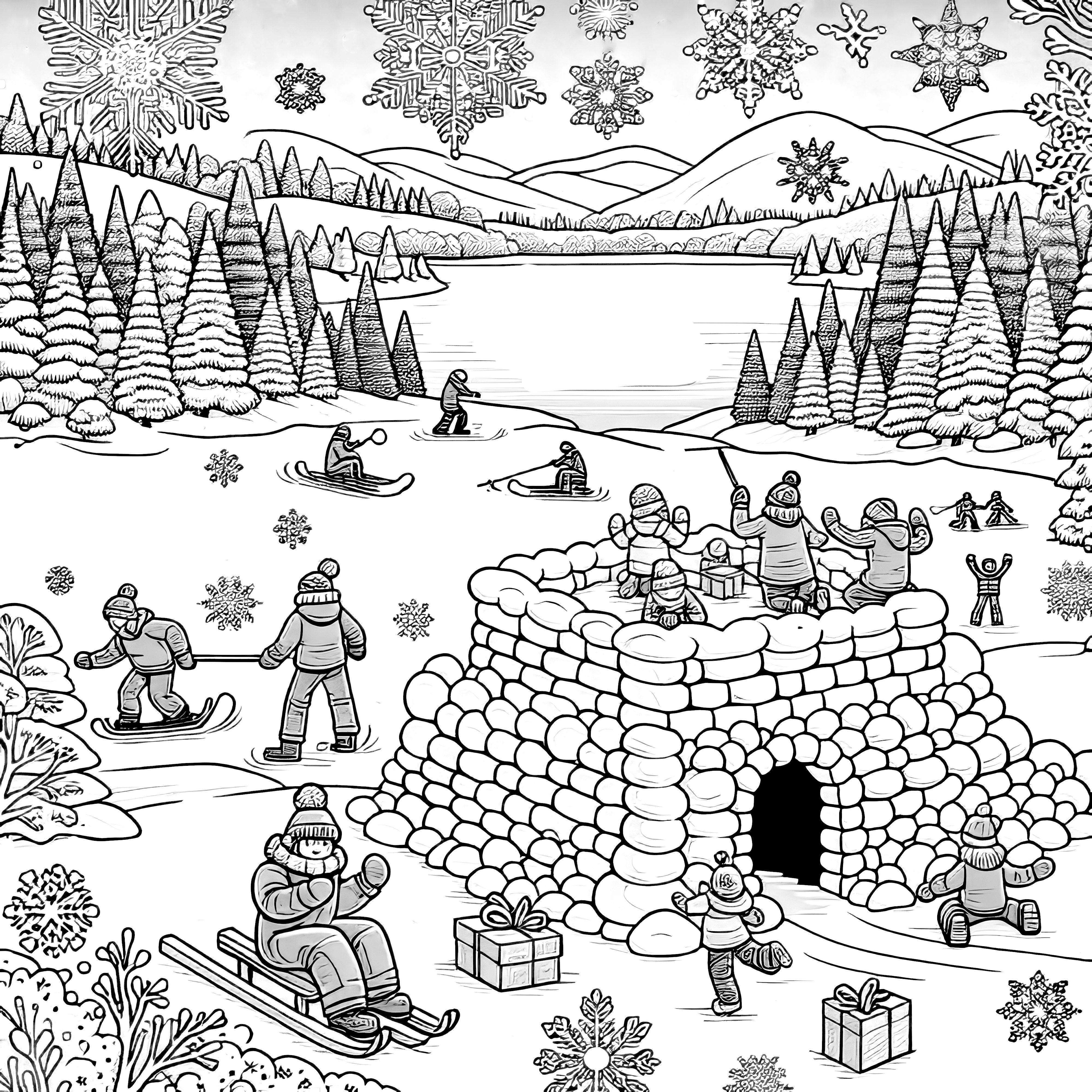 겨울 풍경: 이글루를 만드는 사람들(컬러링 그림)