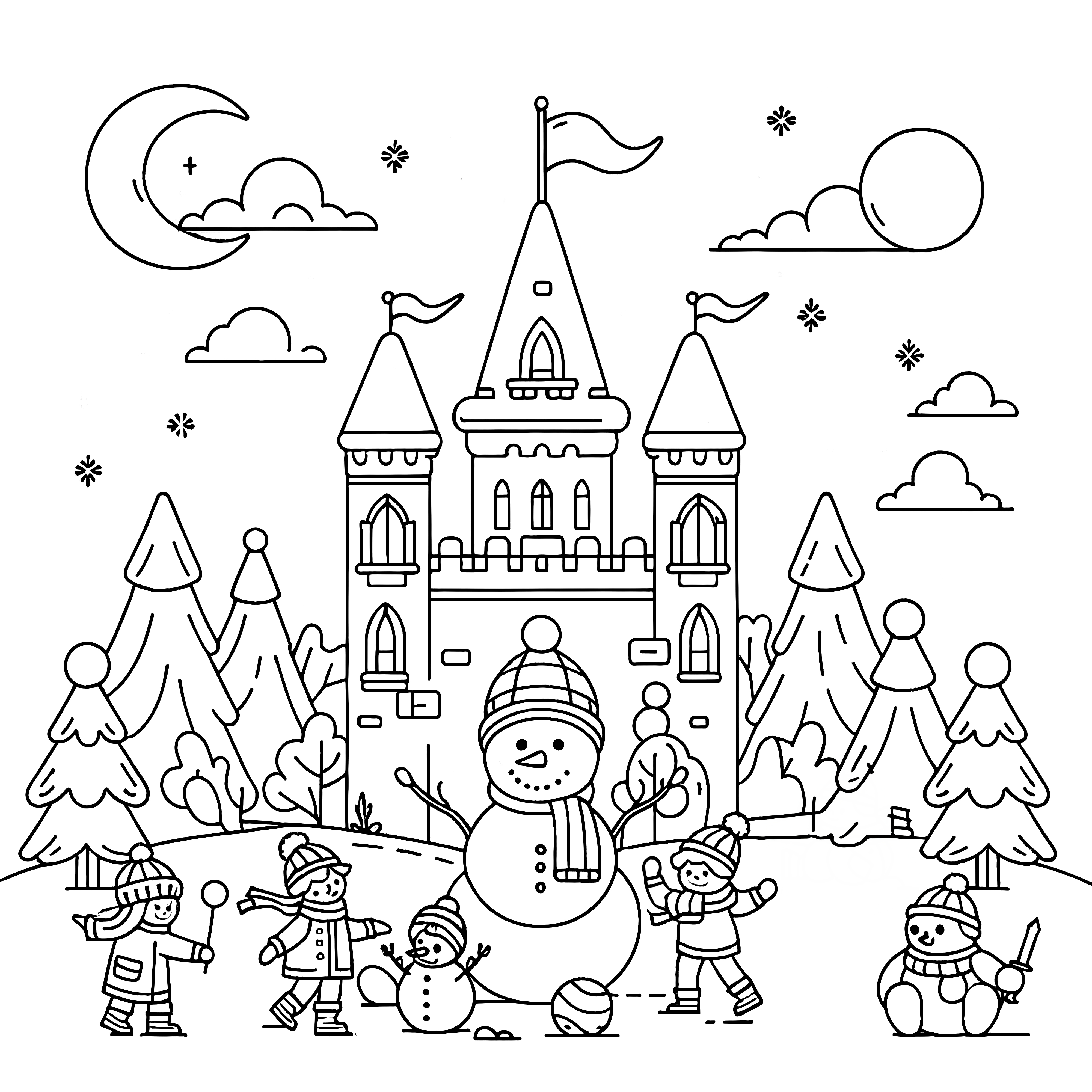 성 & 달이 있는 겨울 그림: 어린이를 위한 간단한 색칠하기 페이지