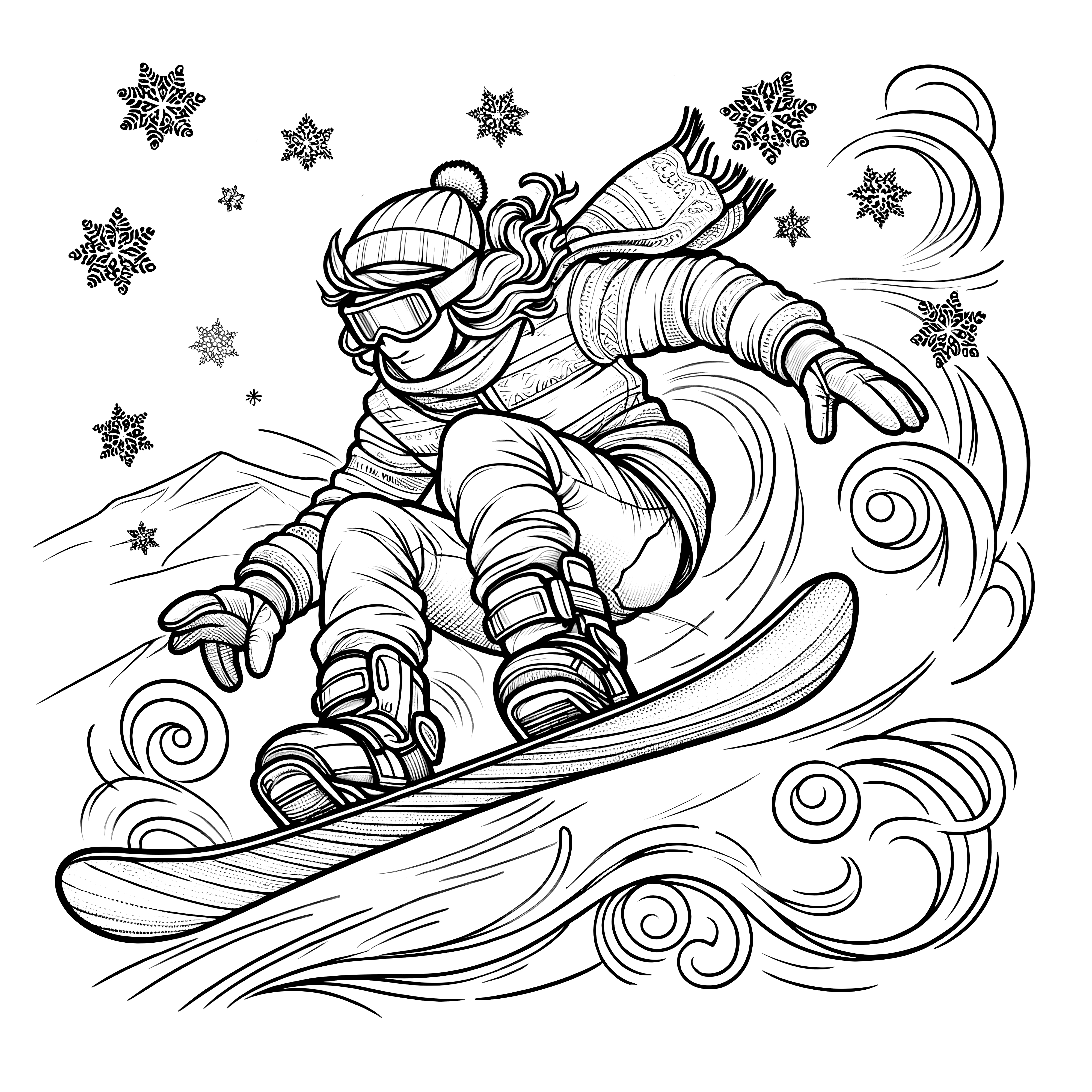 Snowboardovanie na snehu: zadarmo vyfarbovatelný obrázok