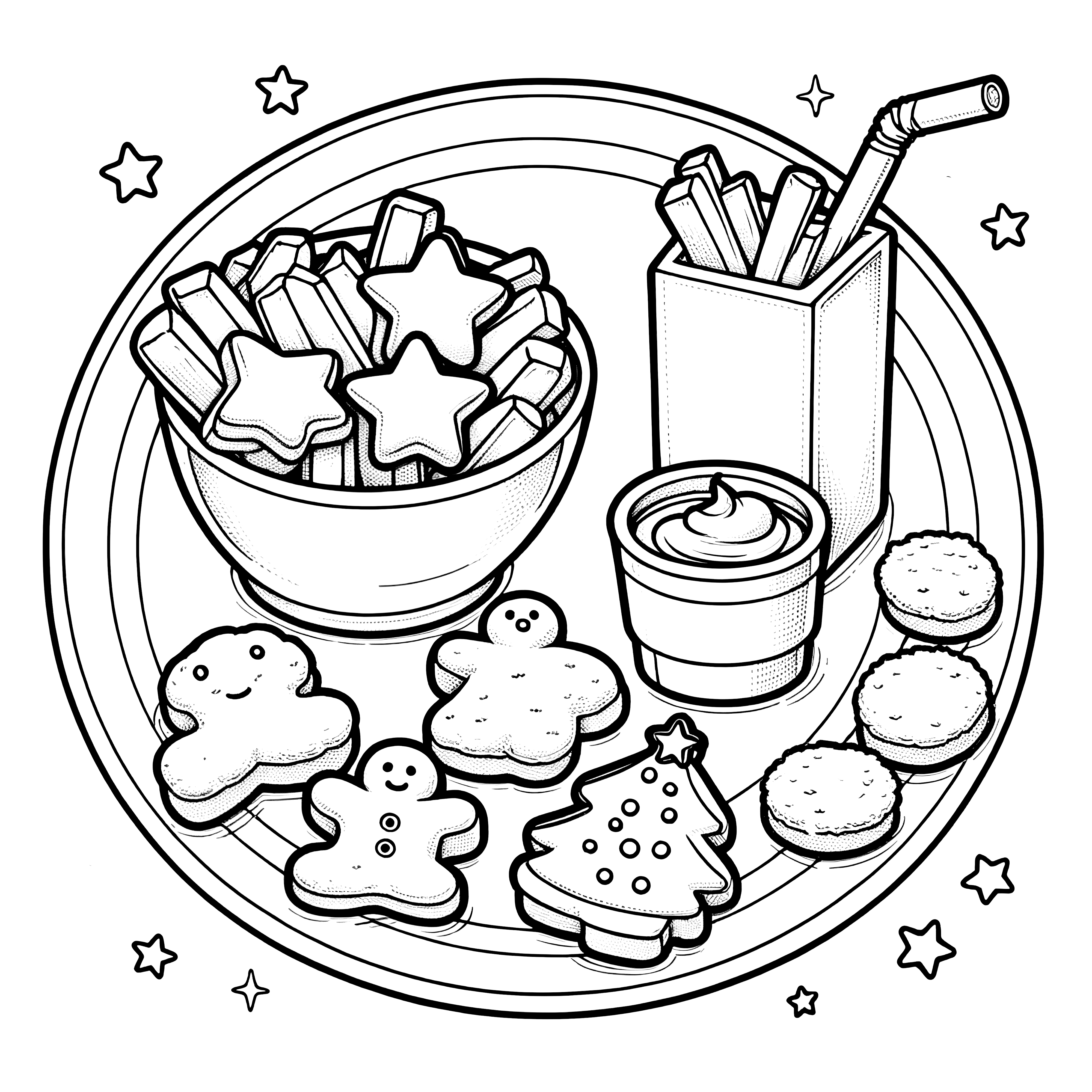 크리스마스 접시에 맛있는 비스킷과 스낵 : 색칠하기 그림