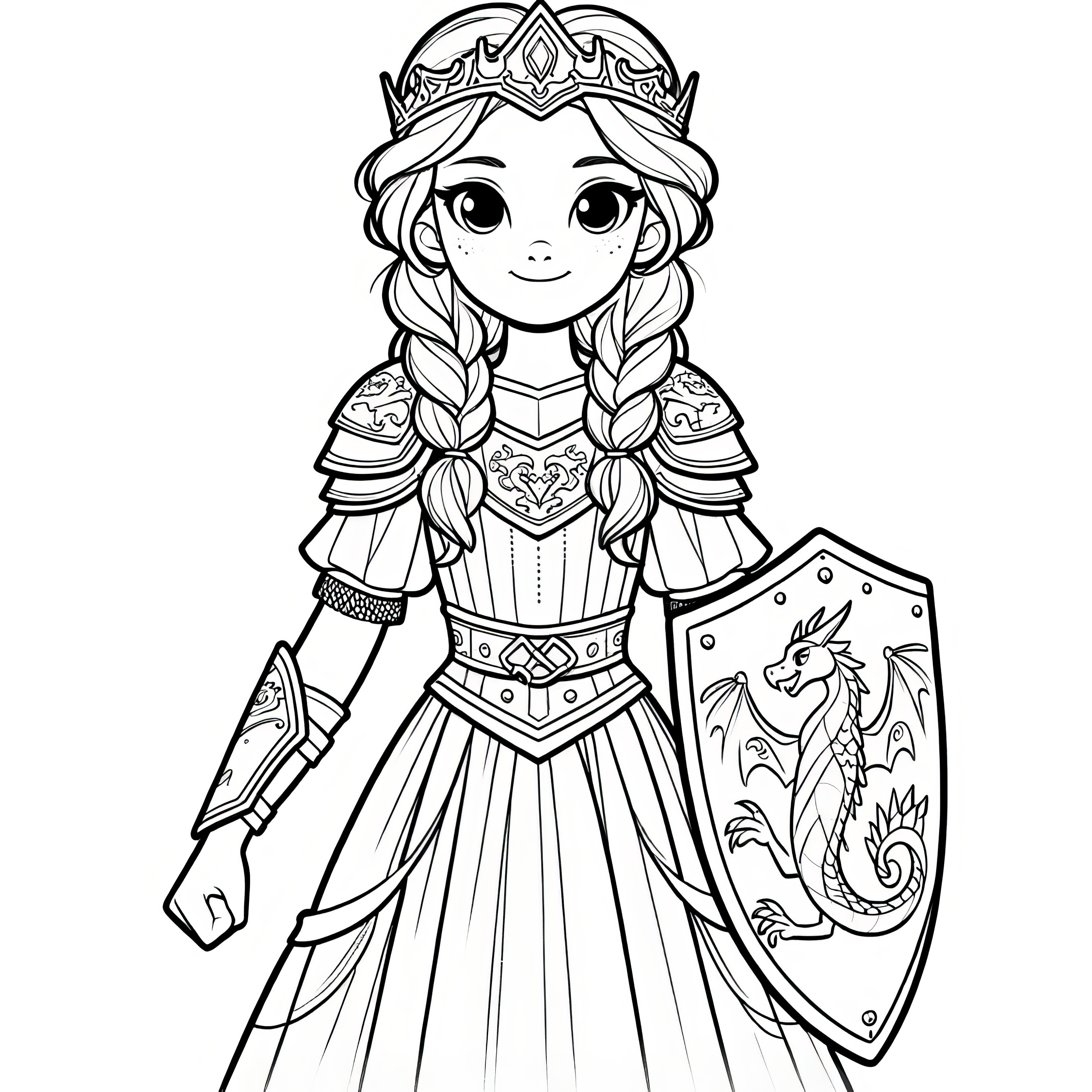 Princesa com coroa e escudo: imagem para colorir grátis