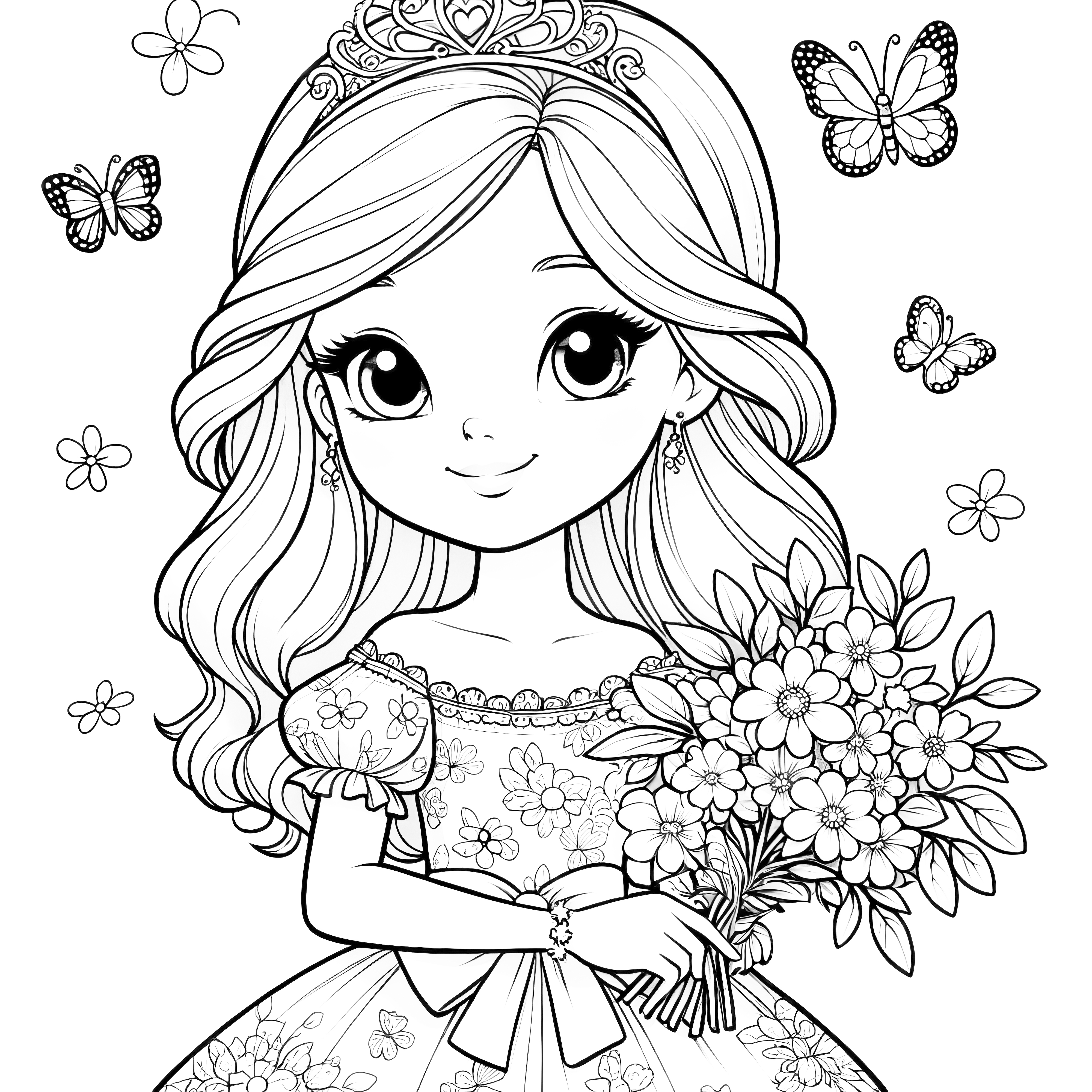 Princesa simpática com borboletas e um ramo de flores