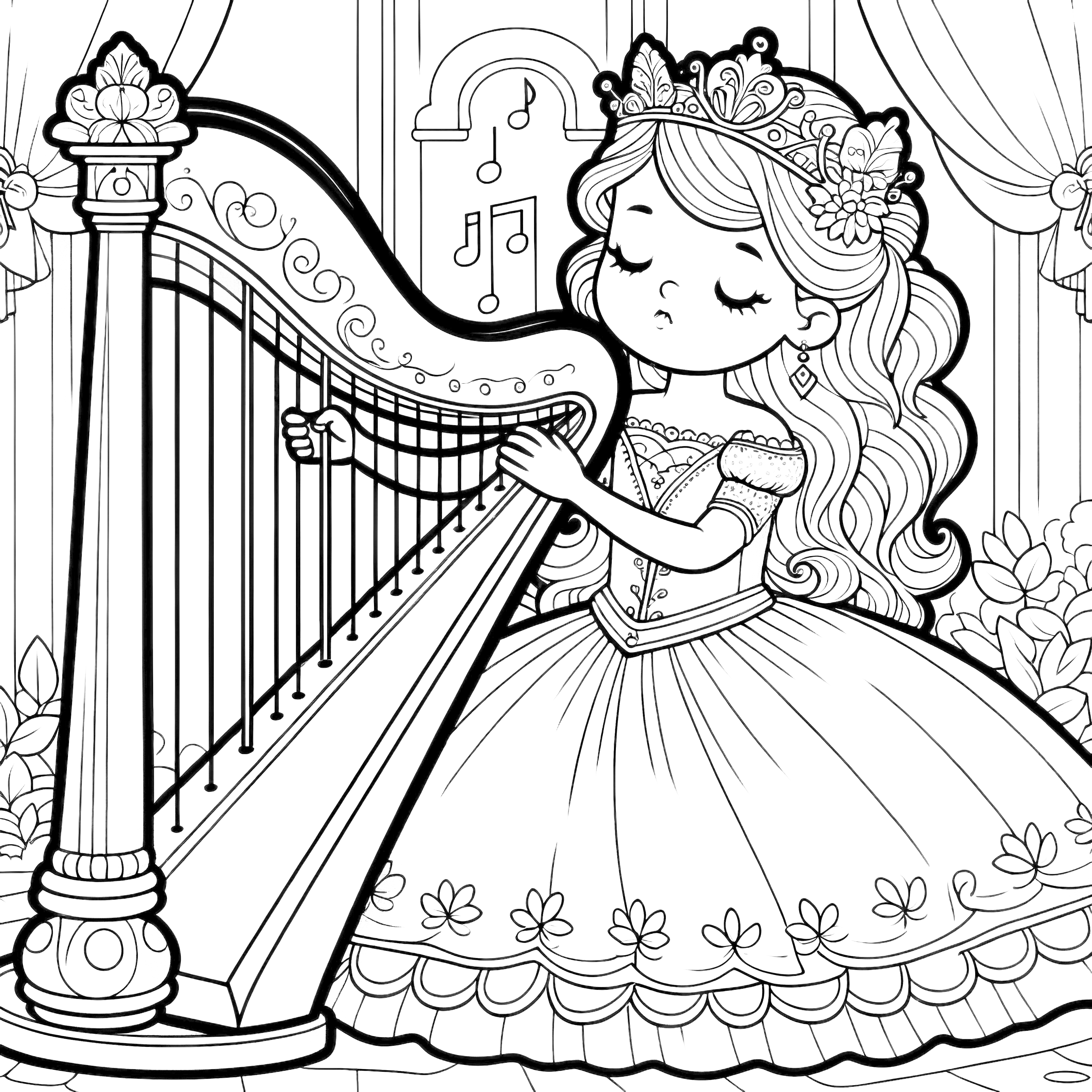 Coloring page for free: Princess plays on a harp