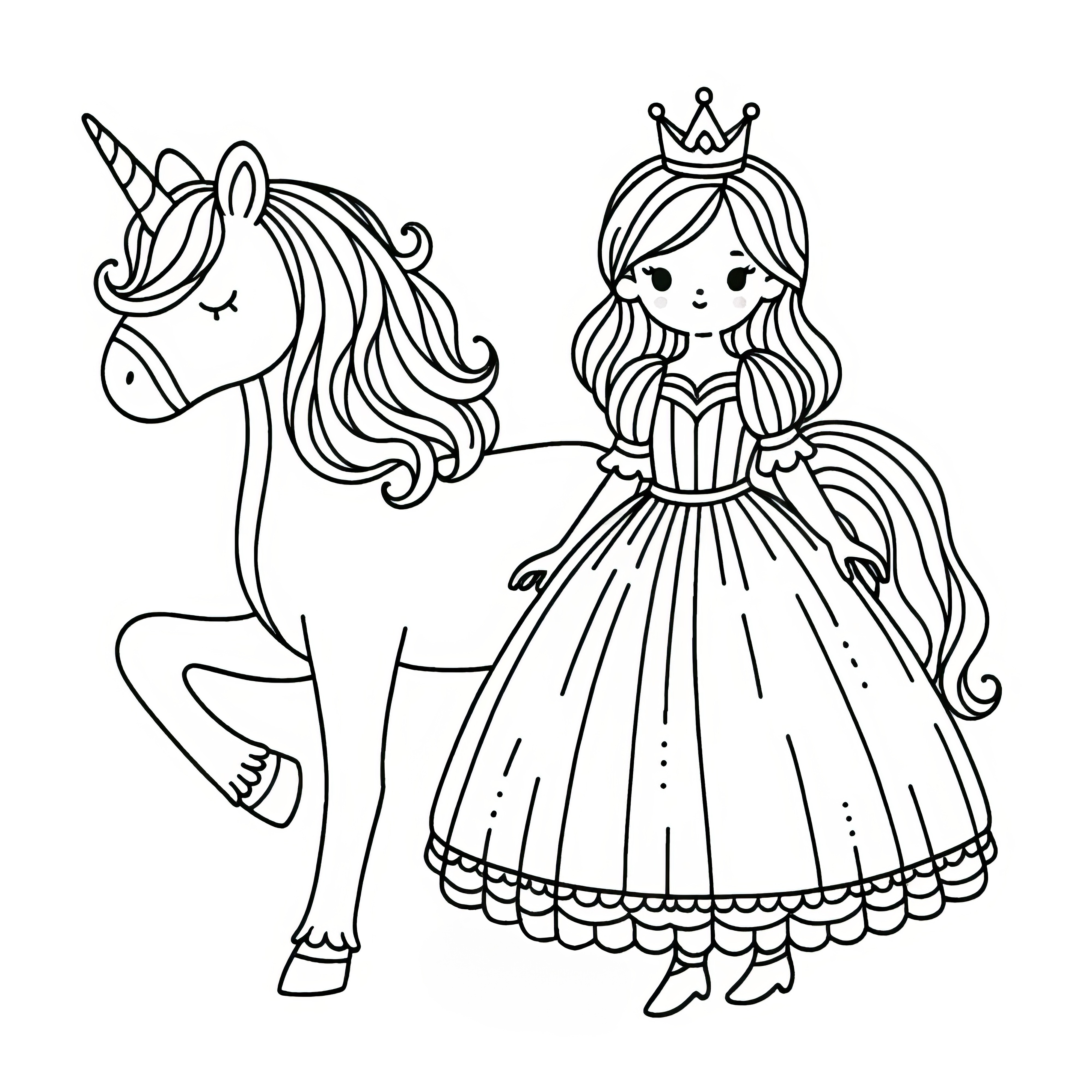무료 컬러링 그림: 유니콘 앞에 있는 귀여운 공주님