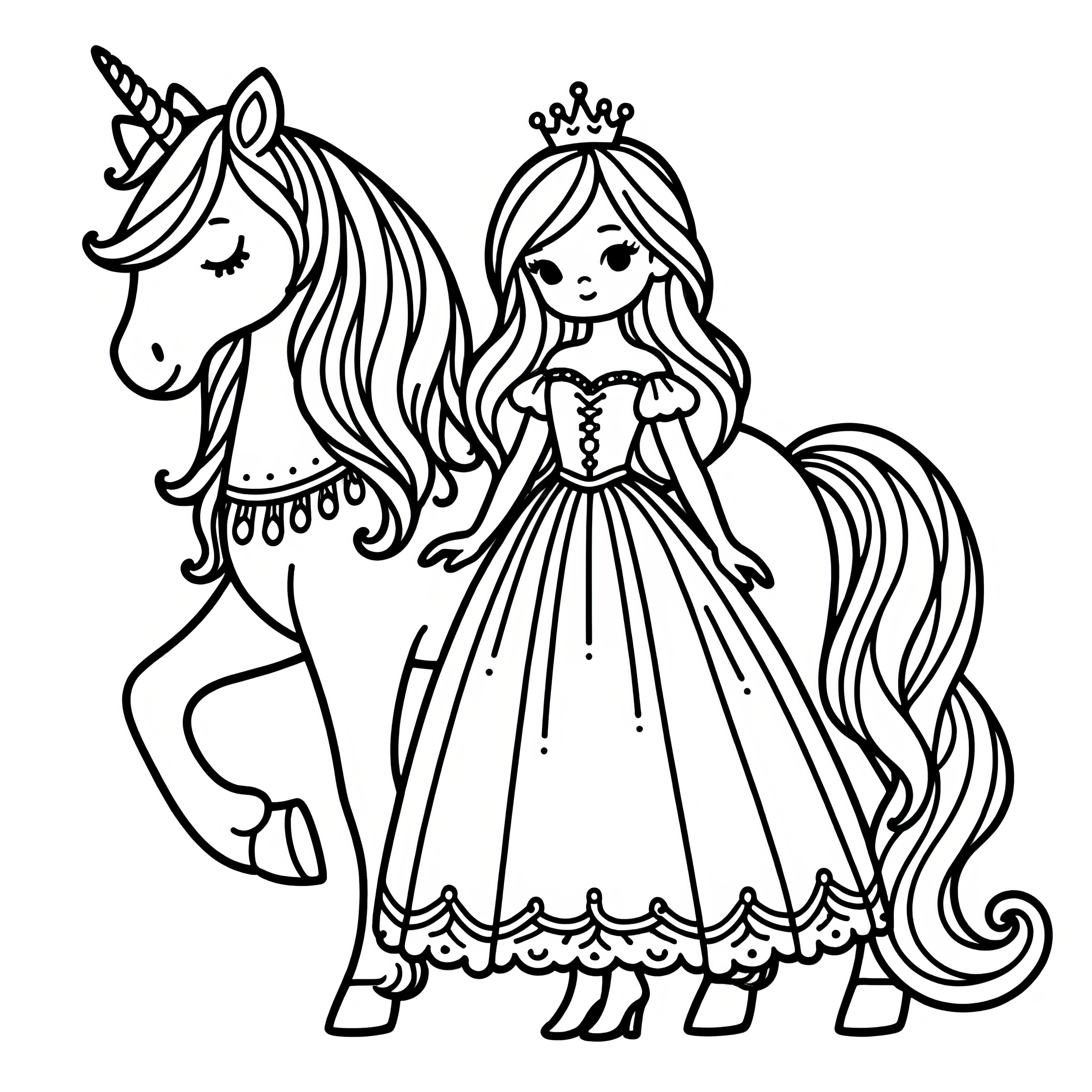 Pequena princesa com coroa em frente a um unicórnio - sem fundo