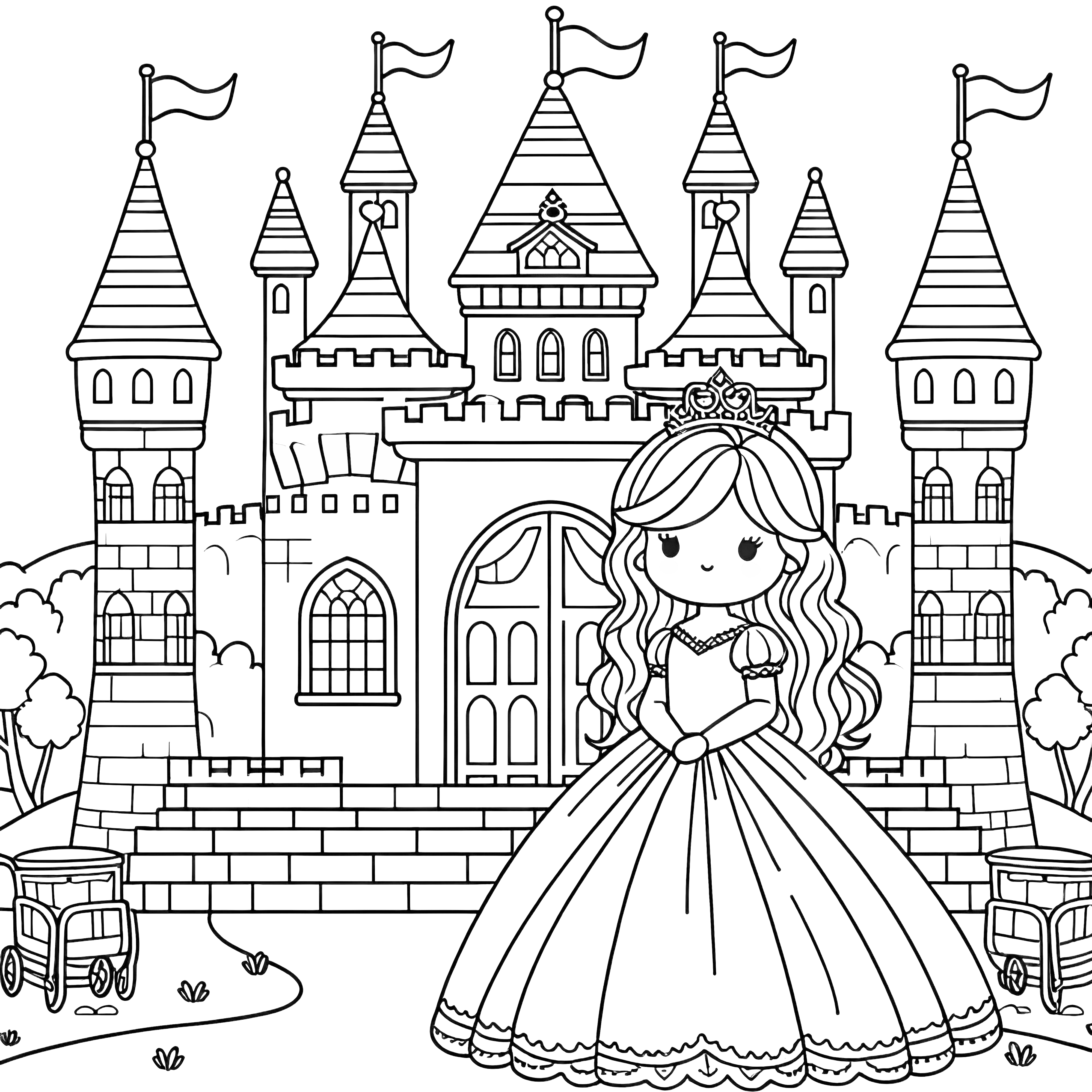 Pequena princesa em frente a um grande castelo: imagem para colorir simples
