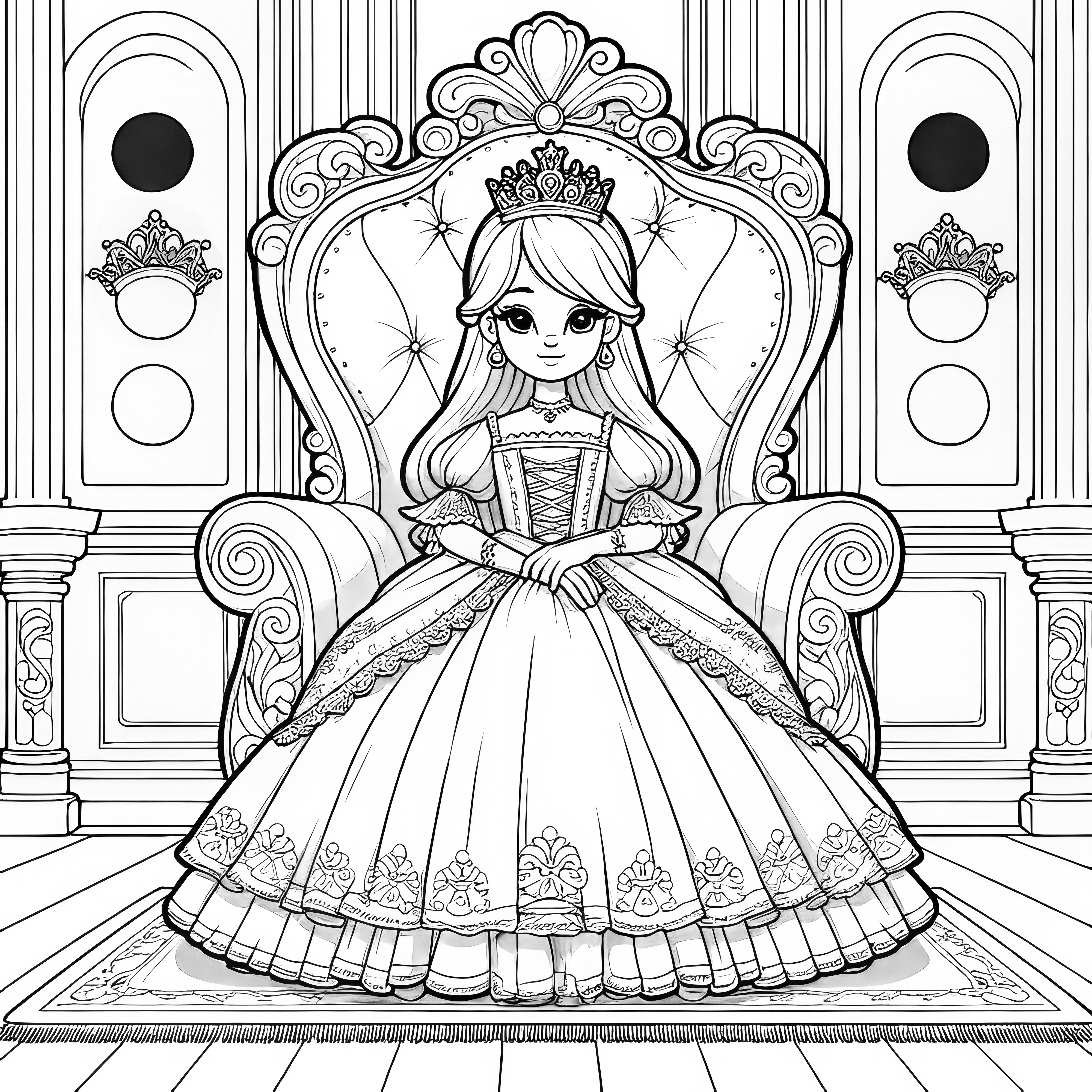 お城の玉座に座るかわいいお姫様：無料のぬり絵