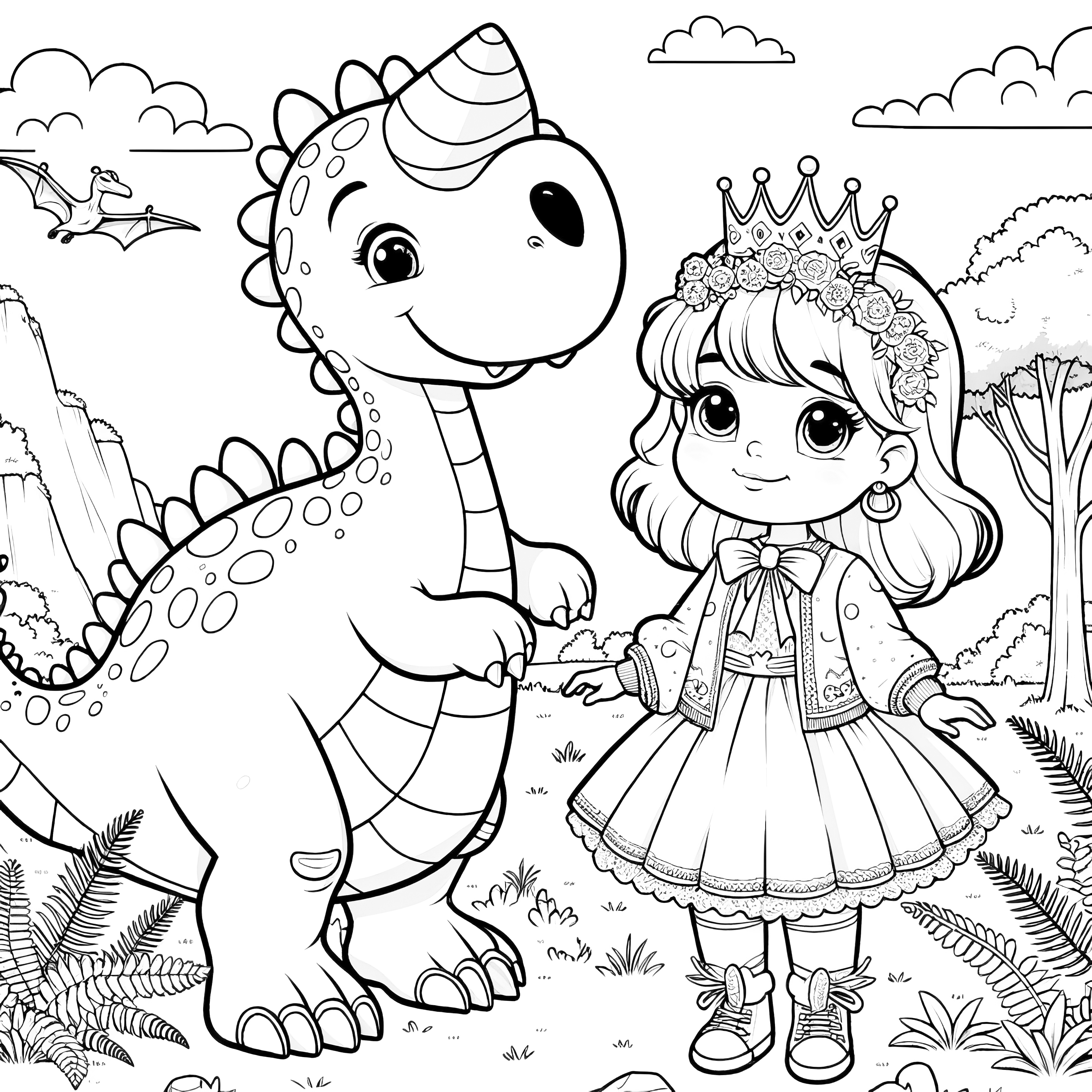 山の風景の前で恐竜の友人を持つかわいい王女（無料）