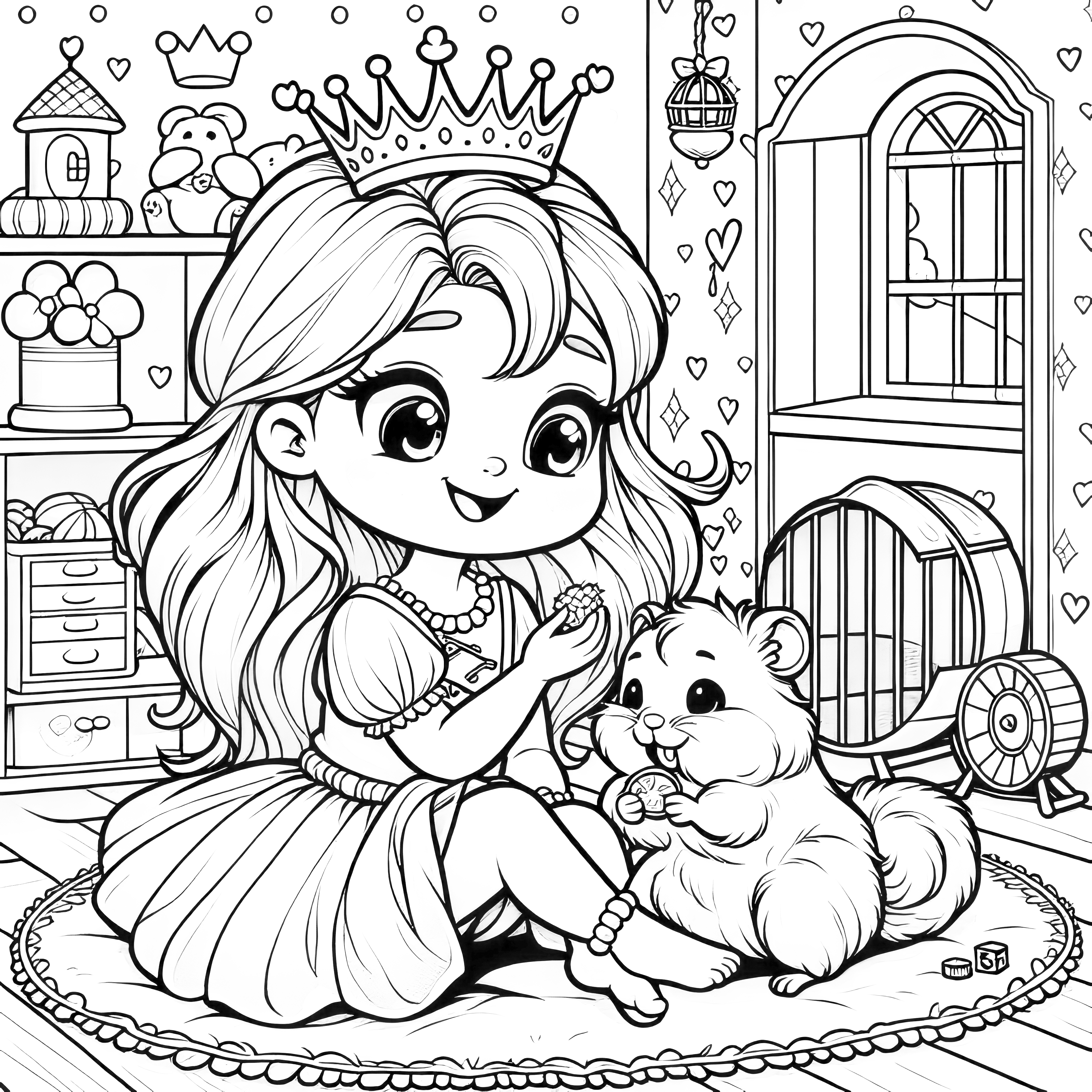 Little princess with a sweet hamster in the playroom: Picture to print