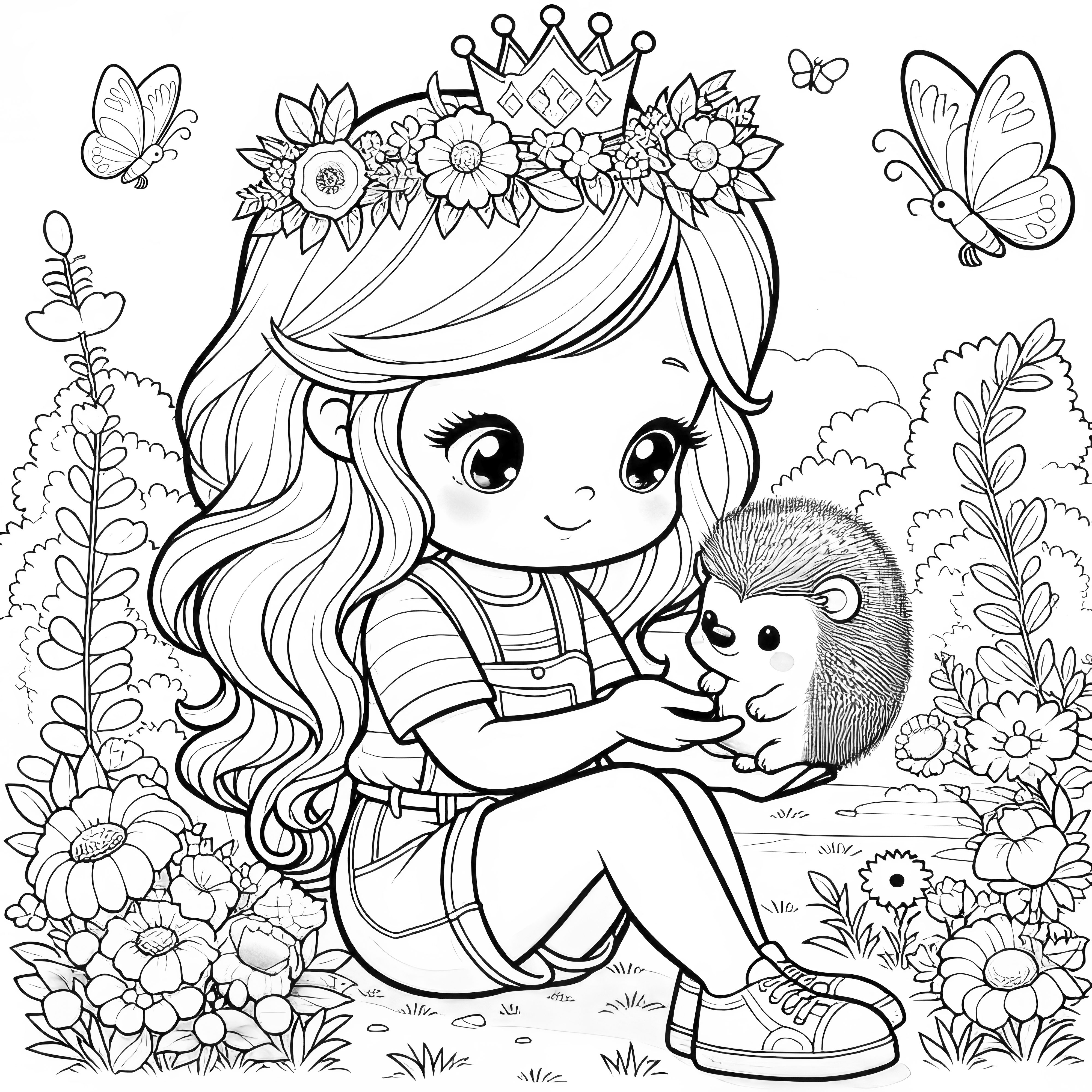 자연 속에서 귀여운 고슴도치와 나비가 있는 공주 (컬러링 그림)