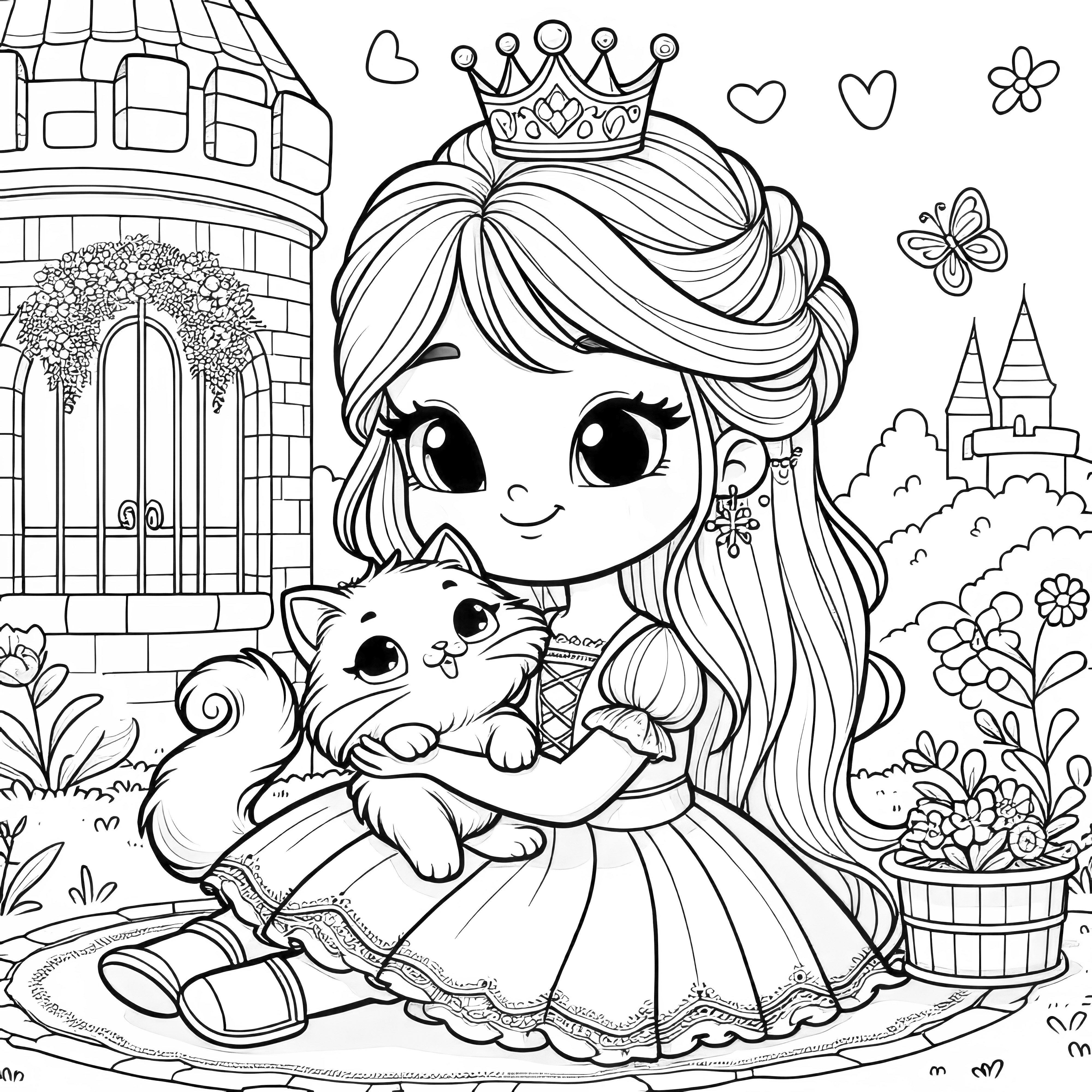 Smiling princess with fluffy kittens in front of a fairytale castle (Free Download)