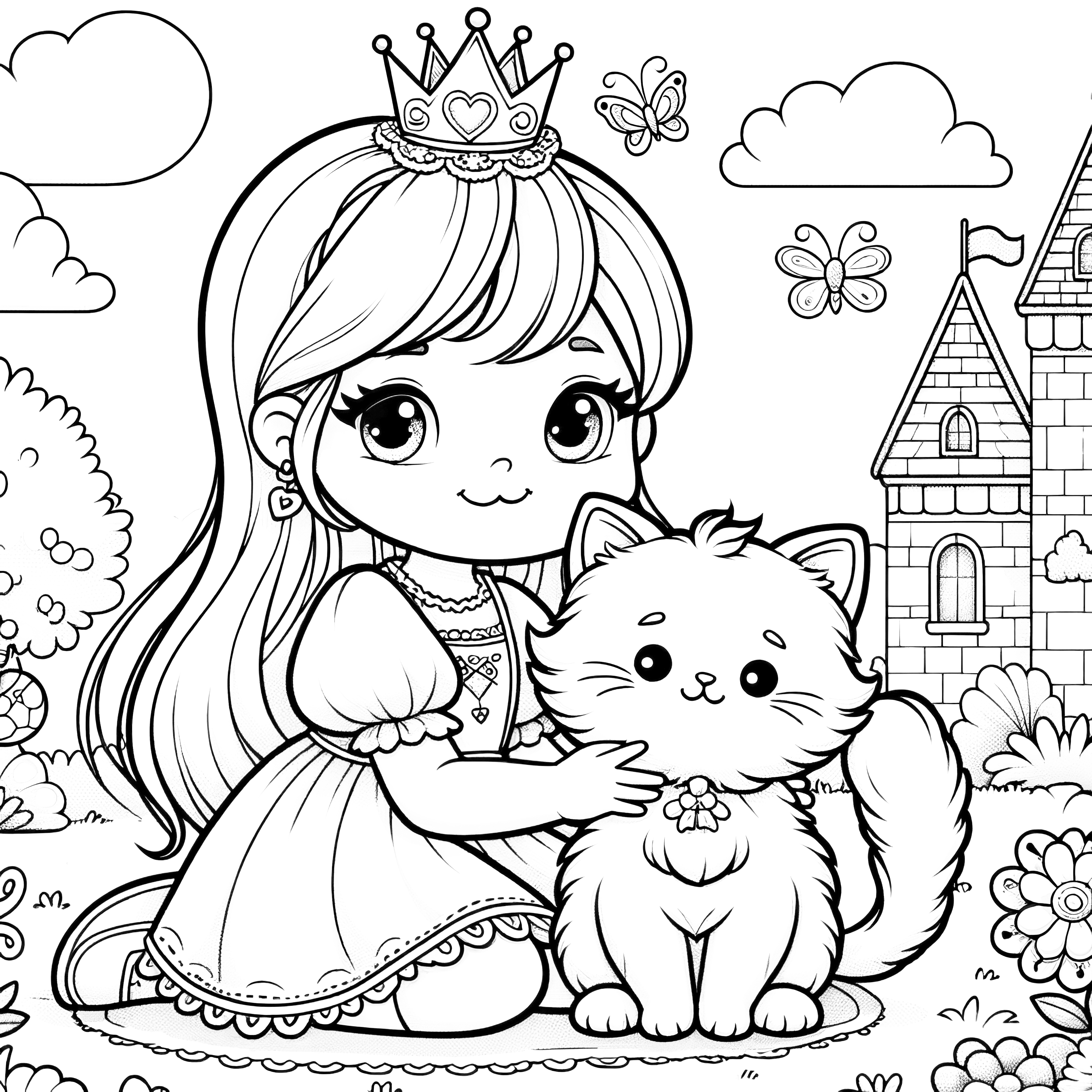 Princess with cute cat in front of the castle: Free coloring page