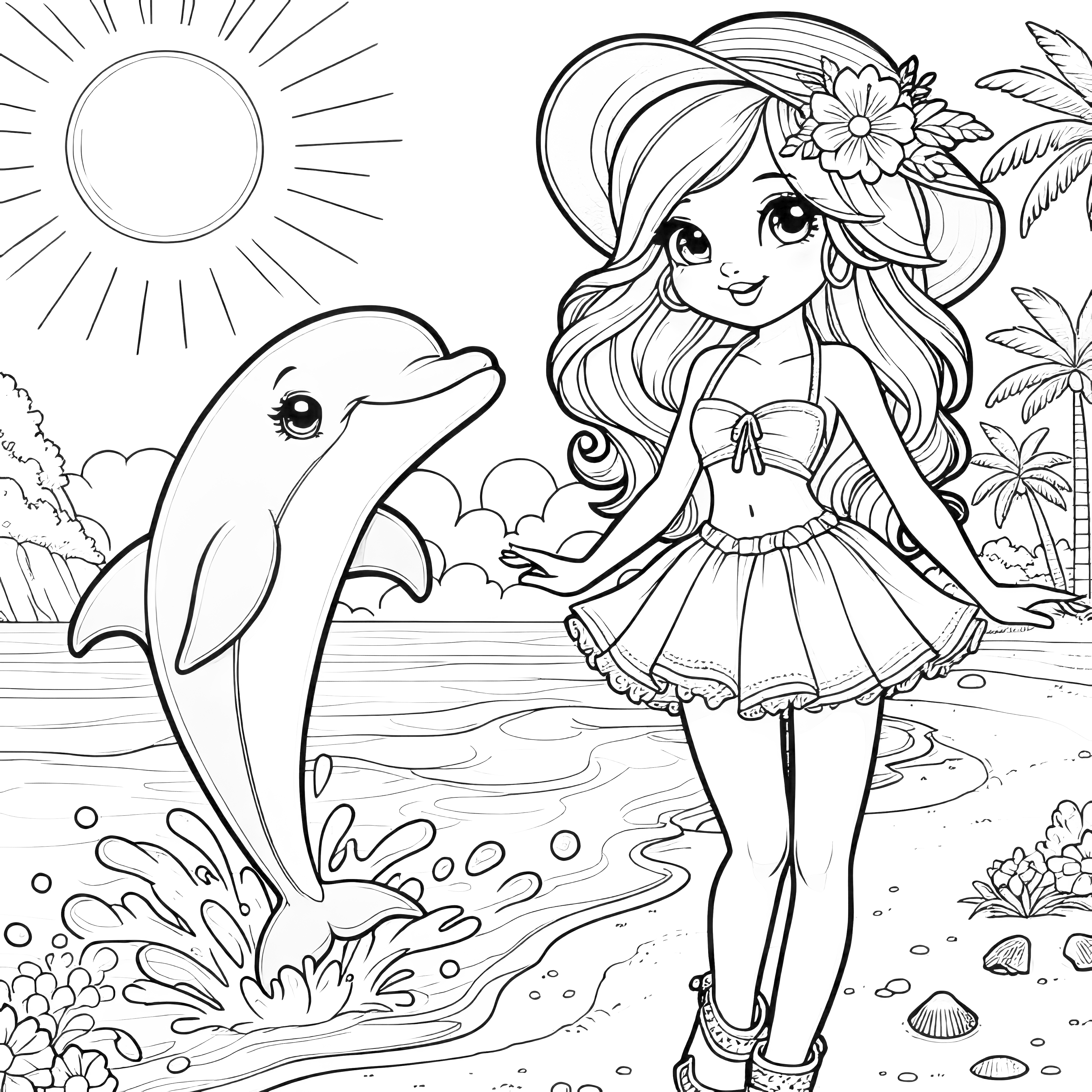 Princess at the beach with a dolphin: Enchanting picture to color (free)