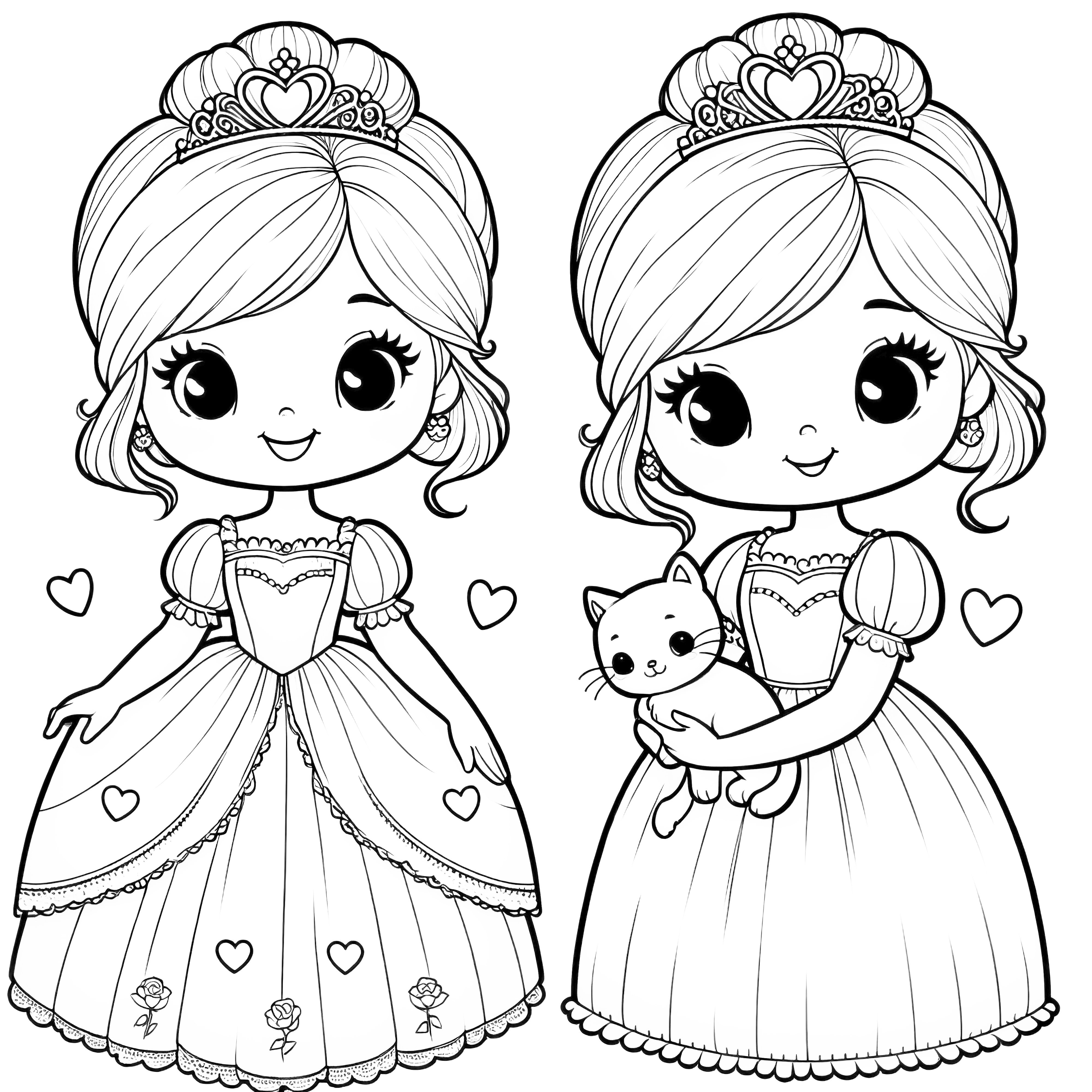 Two little princesses with a cat: Simple coloring sheet without background (Free)