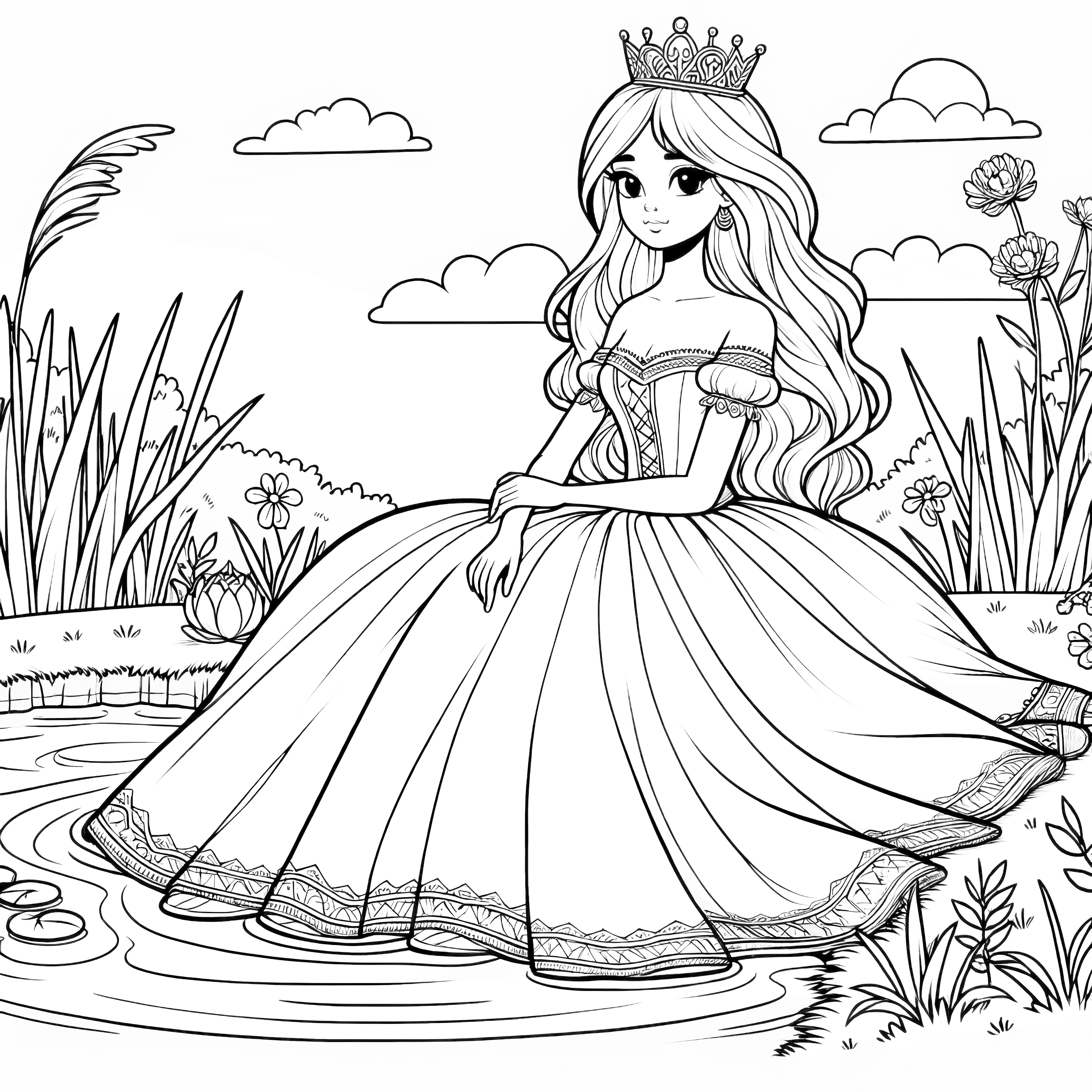 Enchanting princess sits by the lake: Free coloring template for download