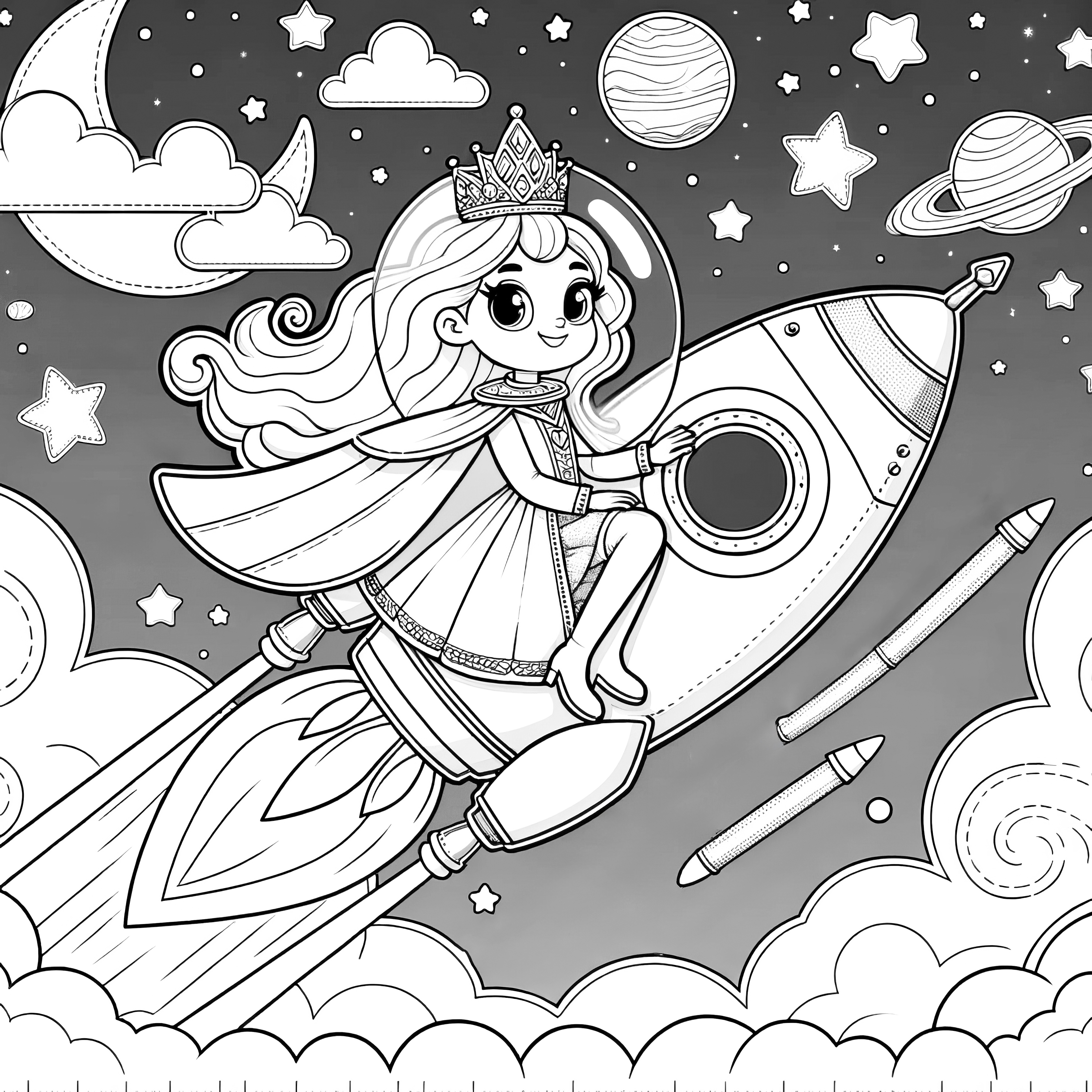 Laughing princess on futuristic rocket with planets for coloring (Free)
