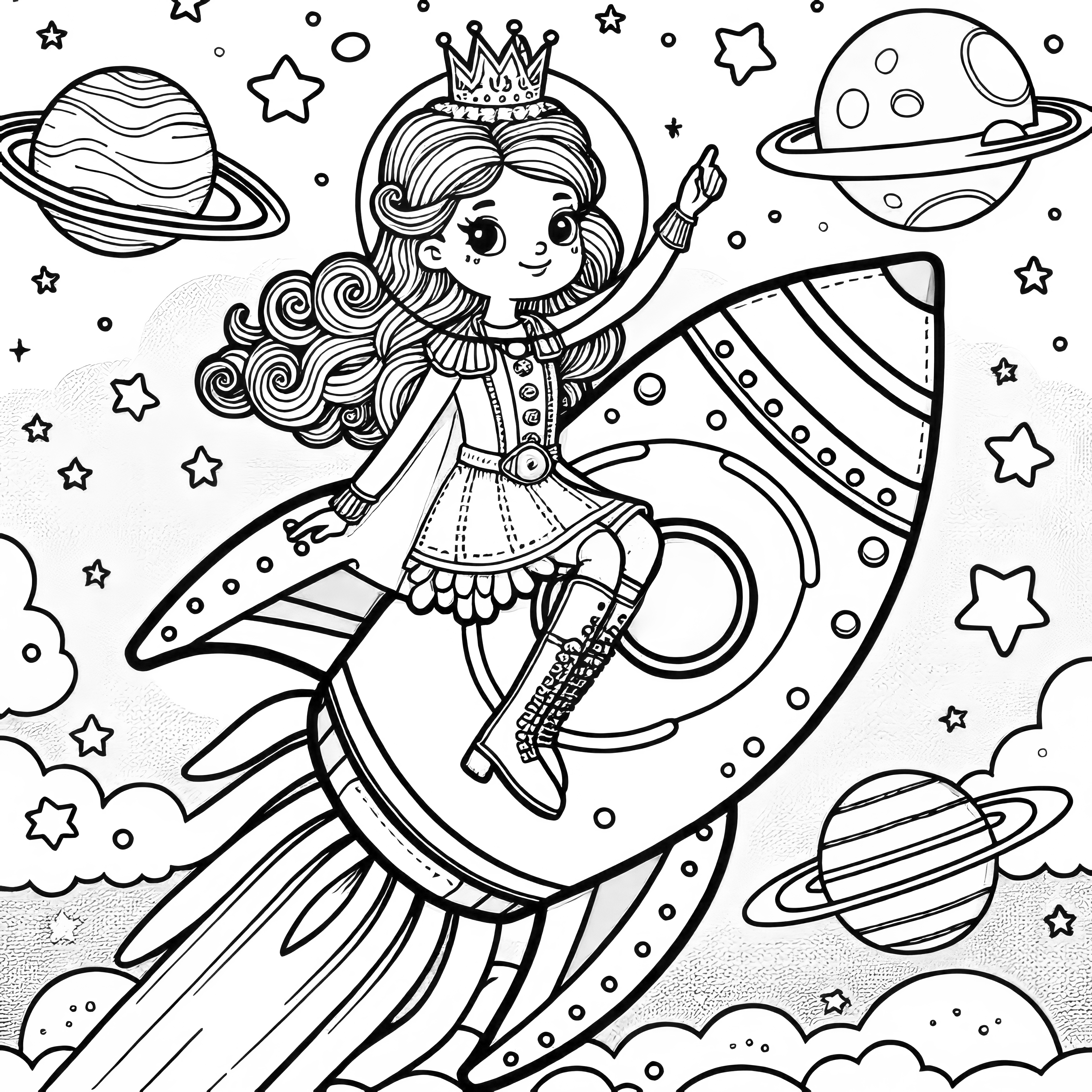 Princess in a futuristic rocket with planets - coloring page