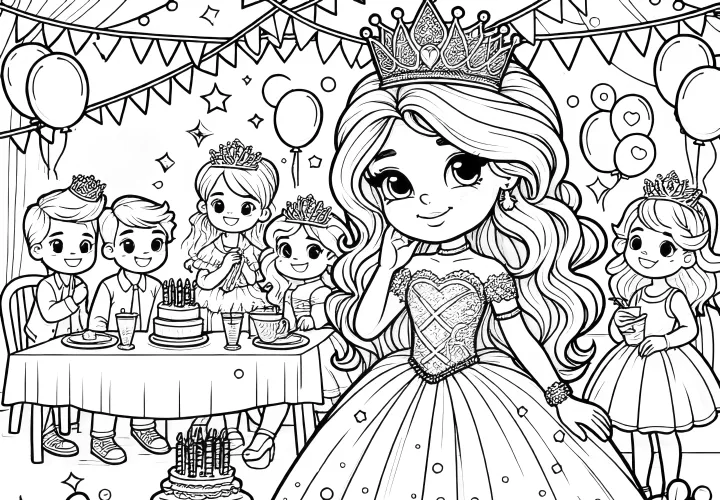 Princezna na dětské oslavě narozenin s dárky (omalovánka zdarma)