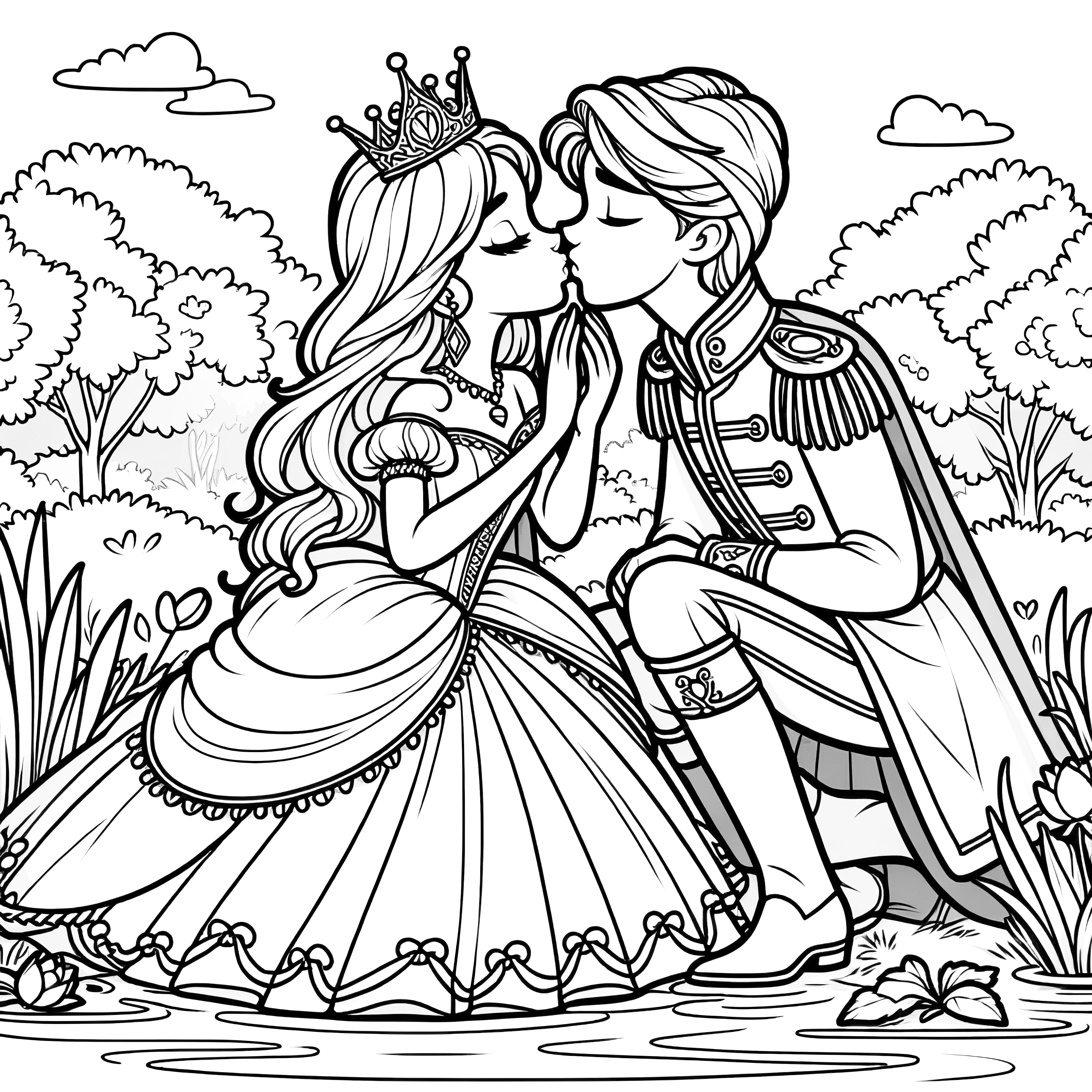 Princesa poljubi princa ob jezeru: Lepa barvna predloga