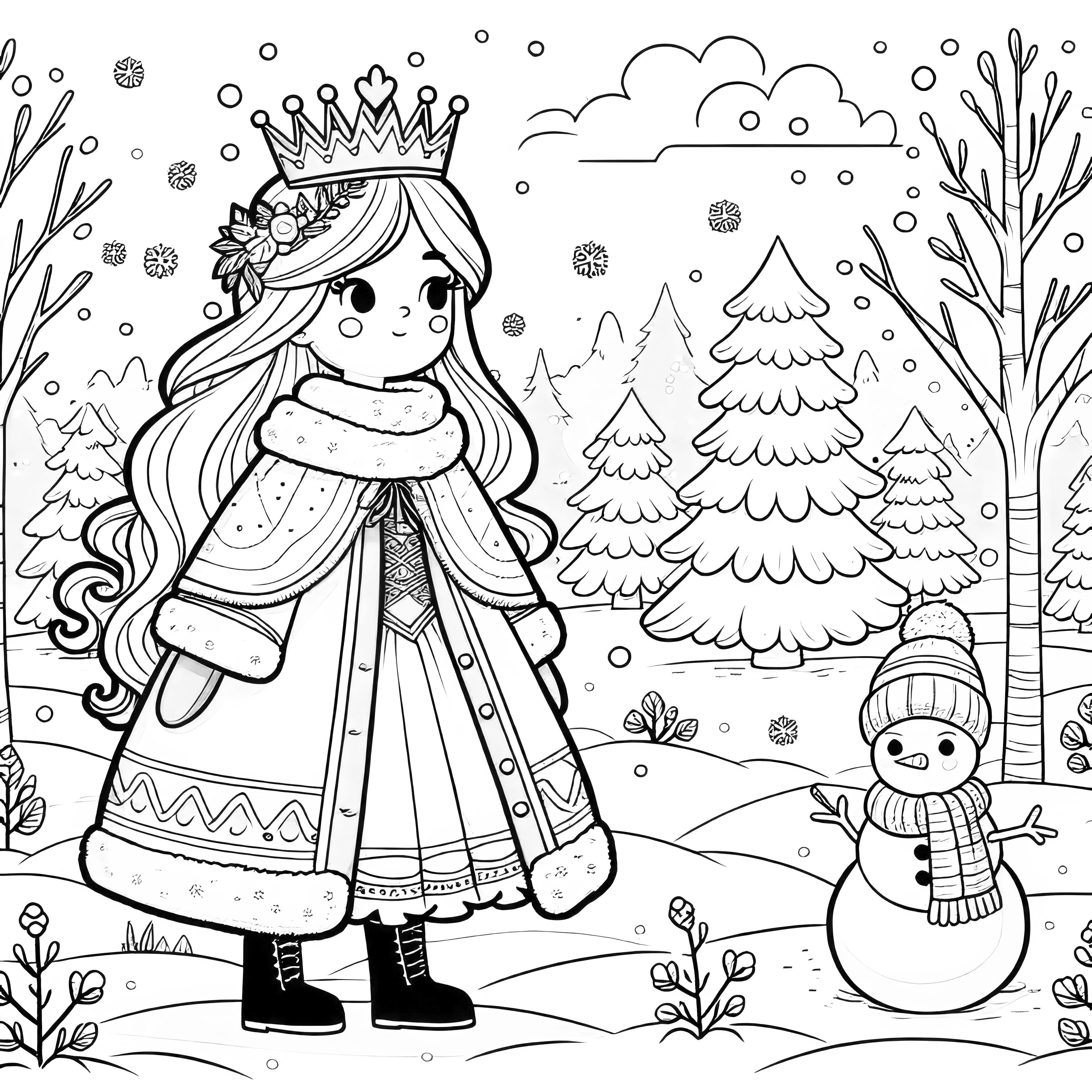 Princese mētelī ziemas ainavā: krāsojamā lapa
