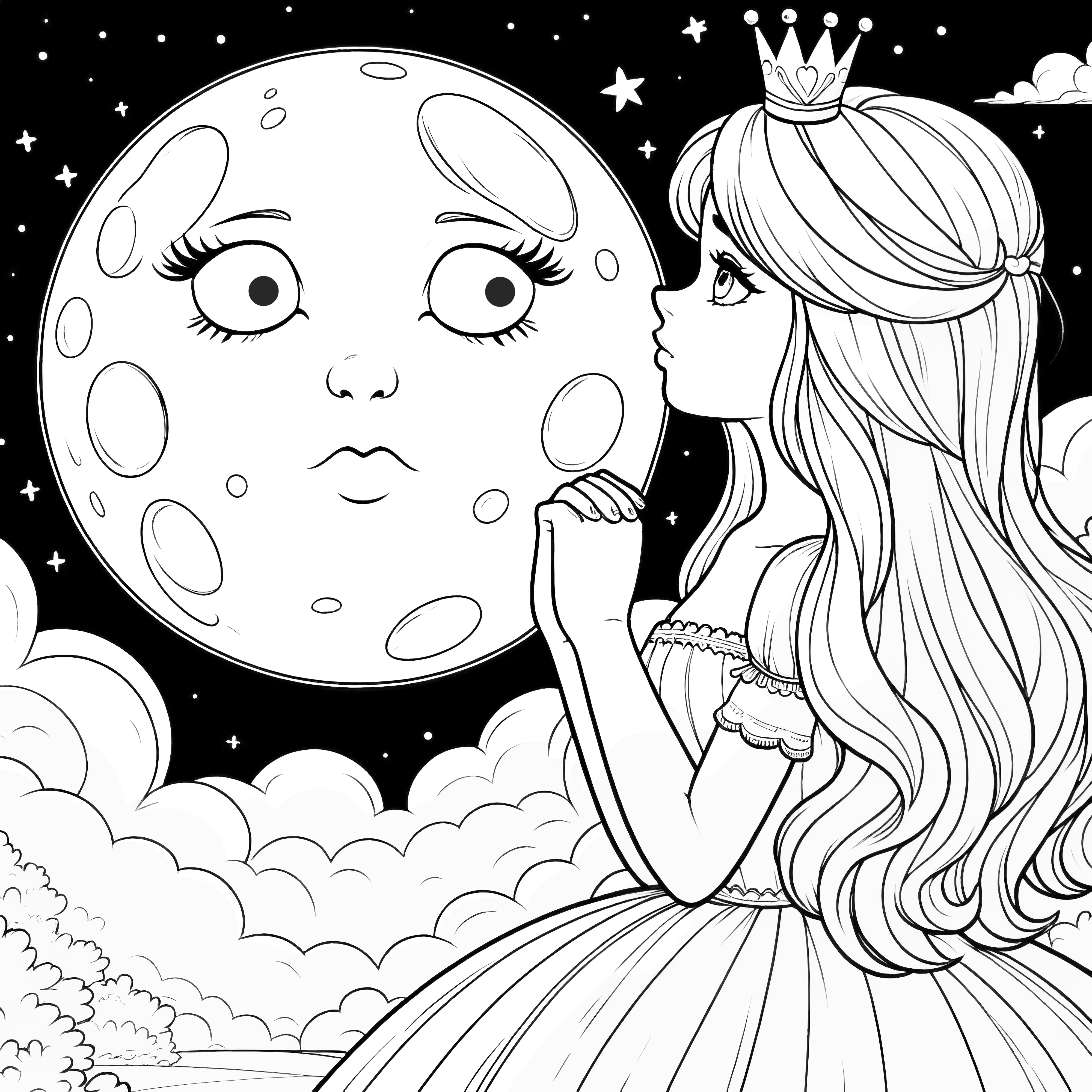無料のぬり絵: 夜の月と星とプリンセス